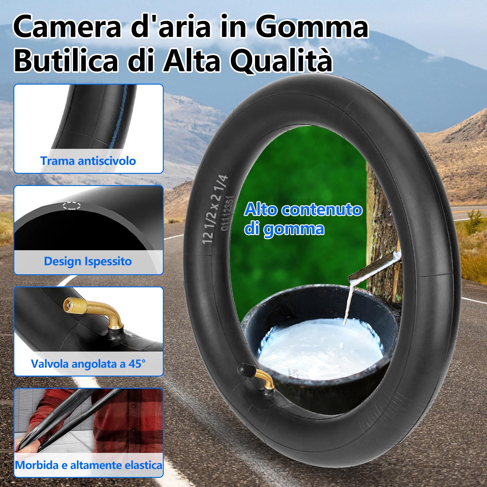 Camera d'Aria 12 Pollici 12 1/2 x 2 1/4 57-203 Doppio Spessore Valvola 45° – Per Passeggini, Bici Bambini, Balance Bike, Monopattini, Go-Kart a Pedali, Tricicli – Resistente & Versatile