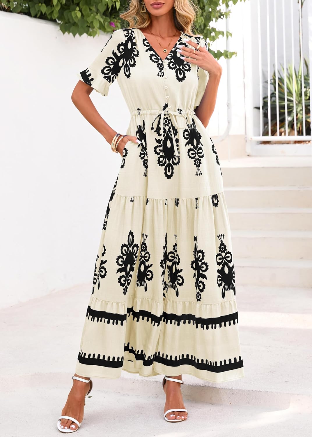 Lazysmile Summer Dresses for Women Short Sleeve V Neck Floral Drawstring Flowy A Line Boho Maxi Dress with Pockets - Image 6