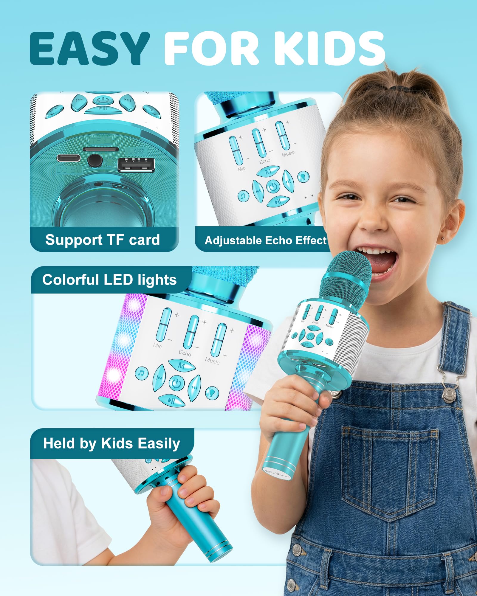 OVIFM Amazmic Kids Karaoke Machine Microphone Toy Portable Bluetooth Microphone Machine Handheld with LED Lights, Gift for Children's Birthday Party, Home KTV(Gray)