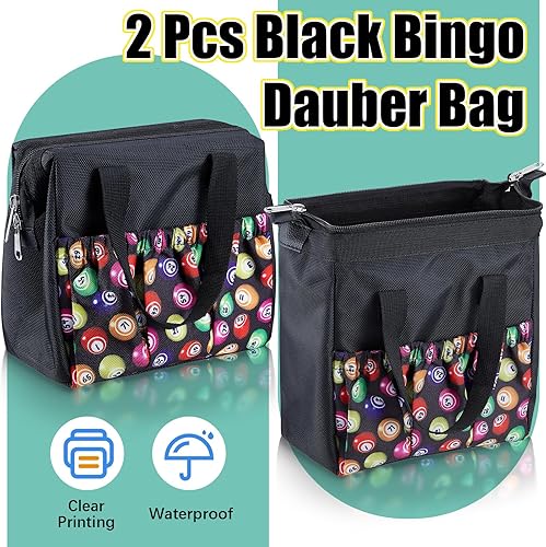 Miniatura 2 de Paterr 2 bolsas de bingo Dauber negras con 6 bolsillos, bolsa de bingo de gran capacidad con cremallera y asa, bolsa de bingo de viaje, bolsa de