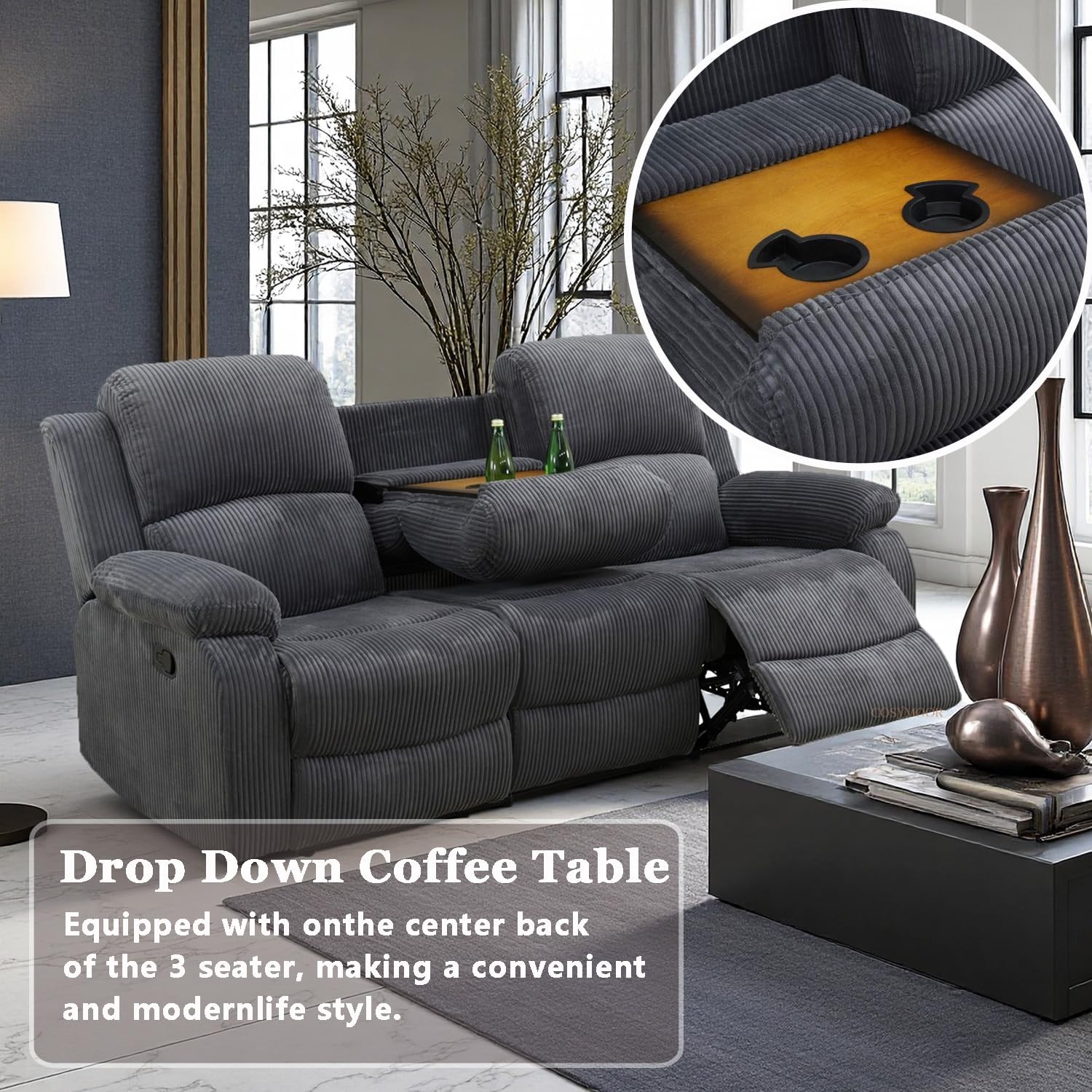 3 Pieces Corduroy Recliner Sofa Set with Cup Holder, Living Room Furniture Sets, Manual Recliner Sofa Set with Storage, Reclining Couches for Living Room/Office