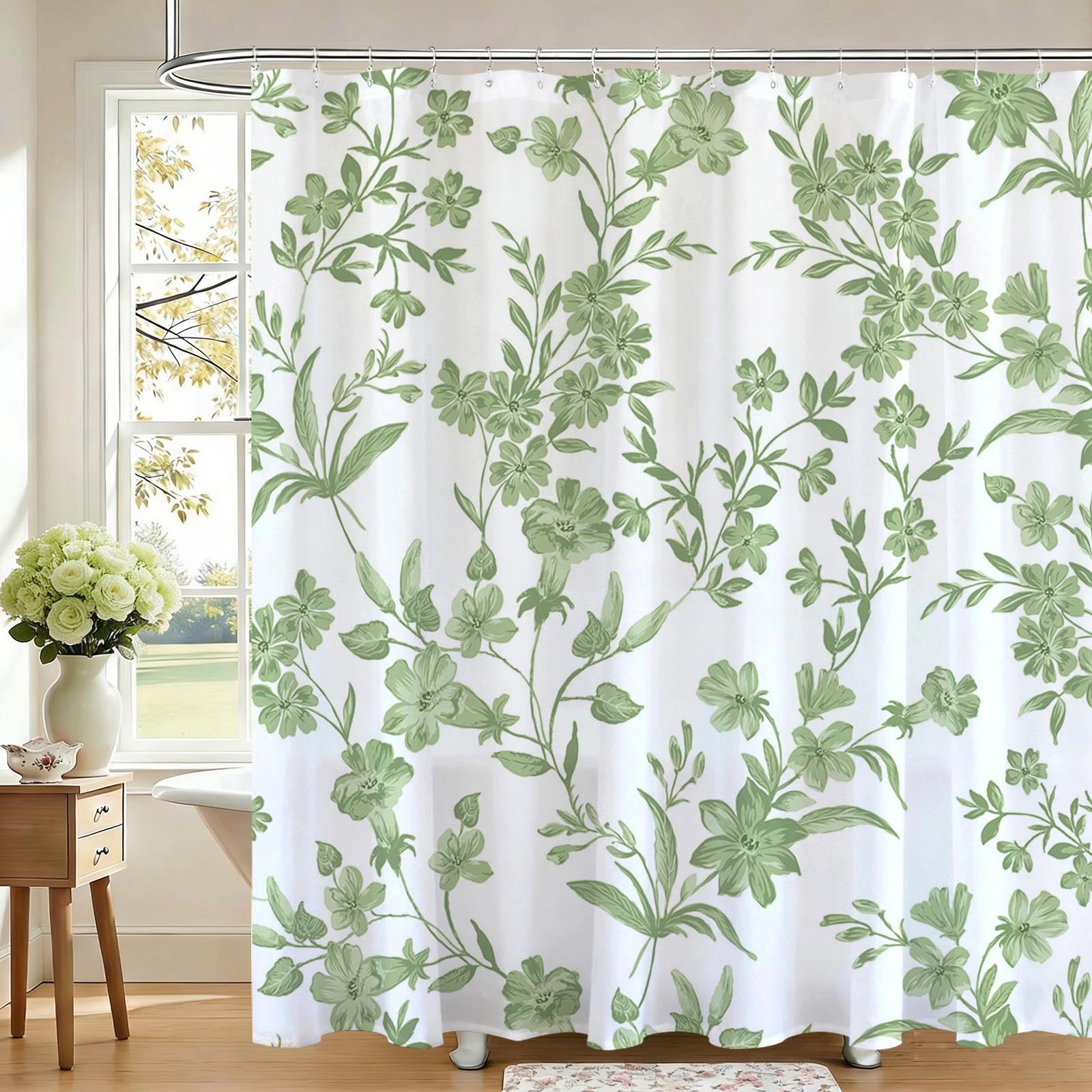 Avezano Floral Shower Curtain Green Flower Bathroom Shower Curtain Green Waterproof Fabric Shower Curtains Bathtub Decor with 12 Hooks 72 X 72 Inches (Green)