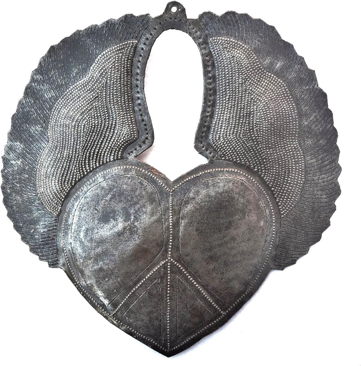 Decorative Heart with Wings, Peace Sign Engraved, Love and Friendship, Handmade in Haiti from Recycled Steel Barrels, 11 x 12 Inches