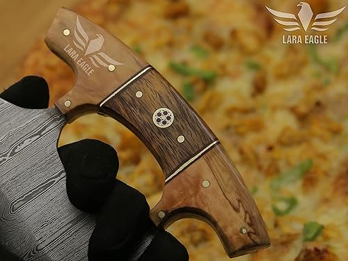 Miniatura 6 de Lara Eagle Cuchillo Ulu de acero de Damasco mango de nudo celta hecho de madera de rosa exótica y madera de olivo hoja de 6 pulgadas con una sola