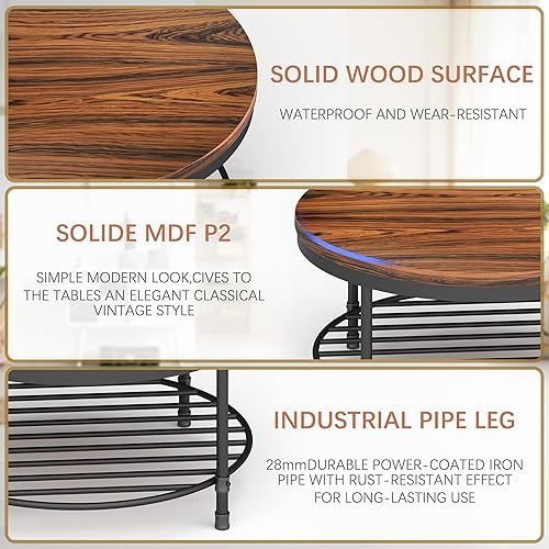 Miniatura 28 de Mesa de centro redonda de 36 pulgadas, superficie superior de madera rústica y patas de metal resistentes, mesa industrial para sala de estar, Nogal