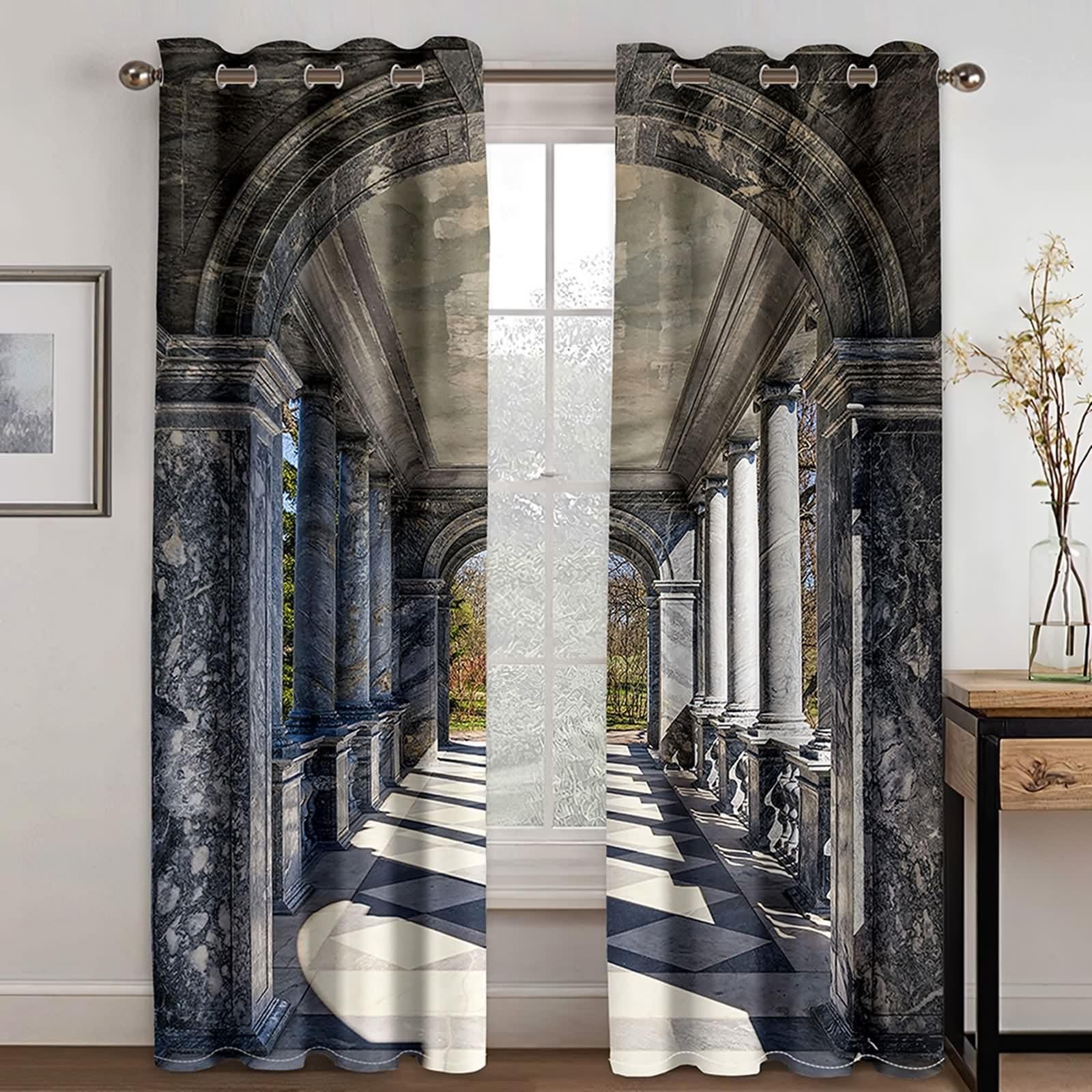Rideau Gris Foncé, Rideaux Cuisine Moderne Polyester Architecture Rétro et Soleil 132L x 229H CM Lot de 2