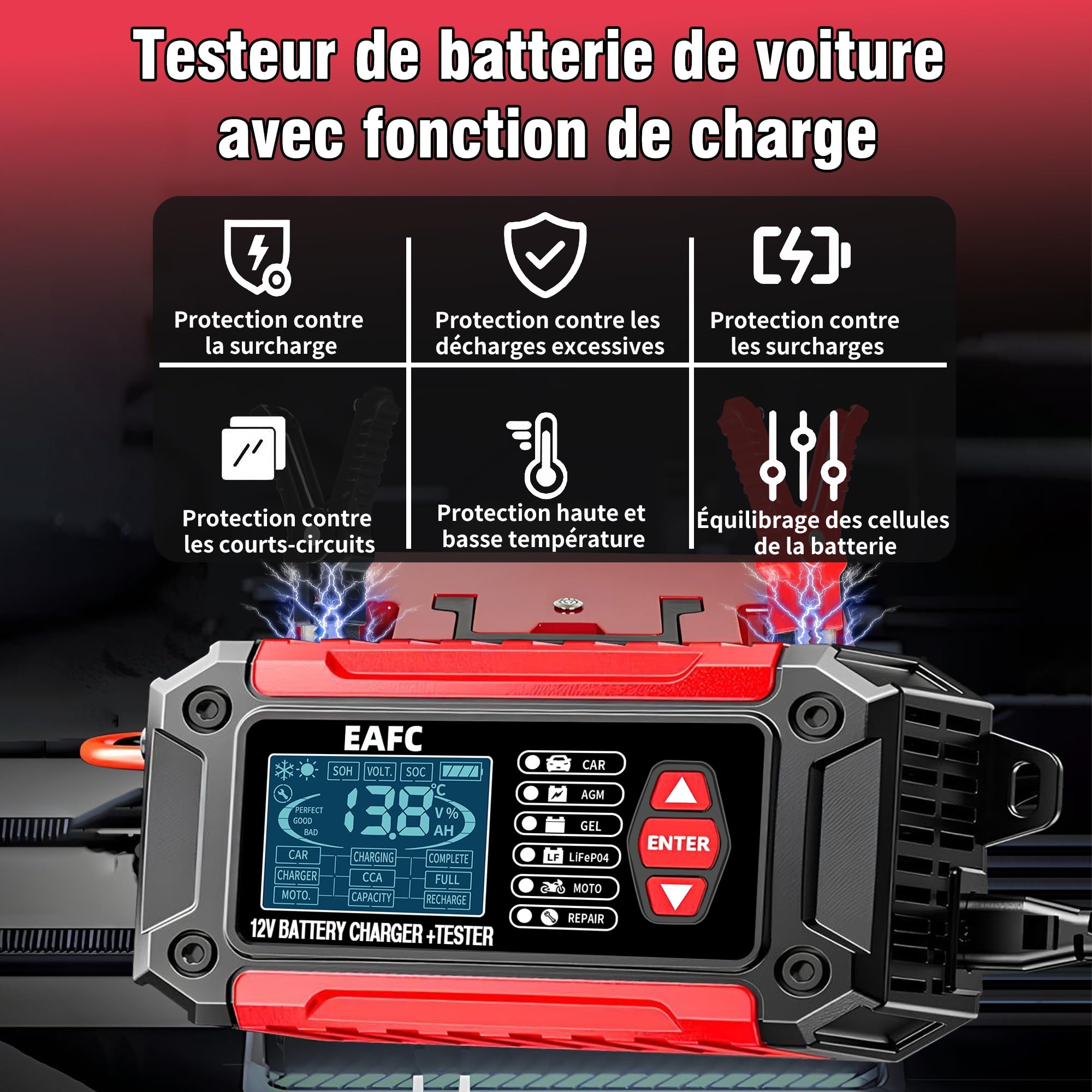 Testeur de Batterie de Voiture et Chargeur de Voiture Tout-en-Un EAFC12V6A Testeur de Batterie Chargeur pour Moto, Camion, AGM LiFePO4 Outil de Diagnostic de Batterie