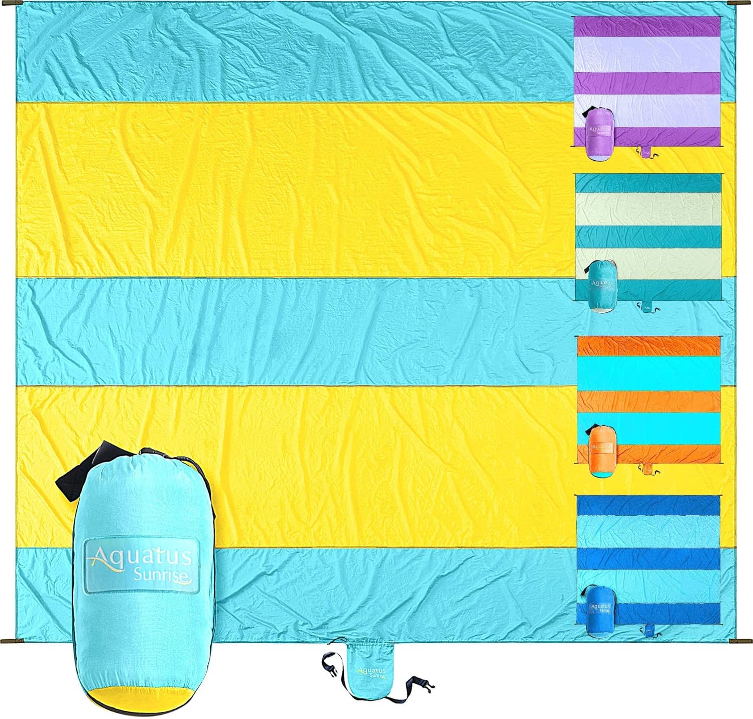 Extra Large Beach Blanket Waterproof Sandproof – XXL Oversized Beach Mat 10ft x 9ft Fits up to 8 Adults - Quick Dry Travel Blanket with 4 Stakes, Corner Pockets, Strap and Attached Bag