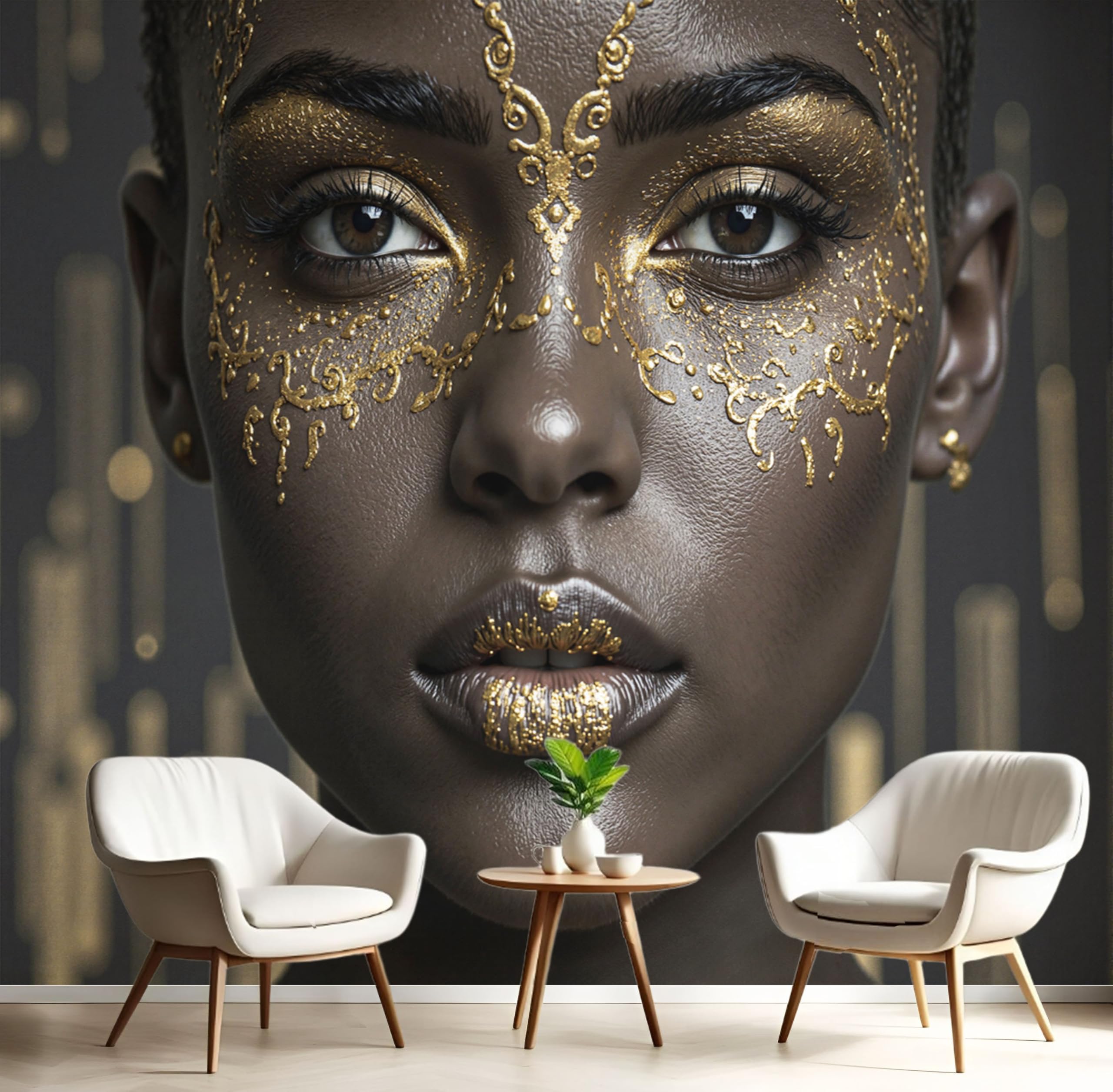 Poster Mural Visage Femme Or et Noir Papier Peint Salon 3D