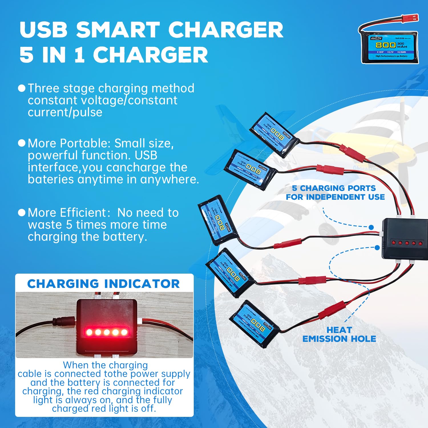 5 Unidades 3,7V 800mAh 30C JST Plug Lipo batería con Cargador 5 en 1 para SYMA X56W MJX X400W X300C X800 HS110 HS200 S670 V950hd S1750 V2450 Quadcopter teledirigido
