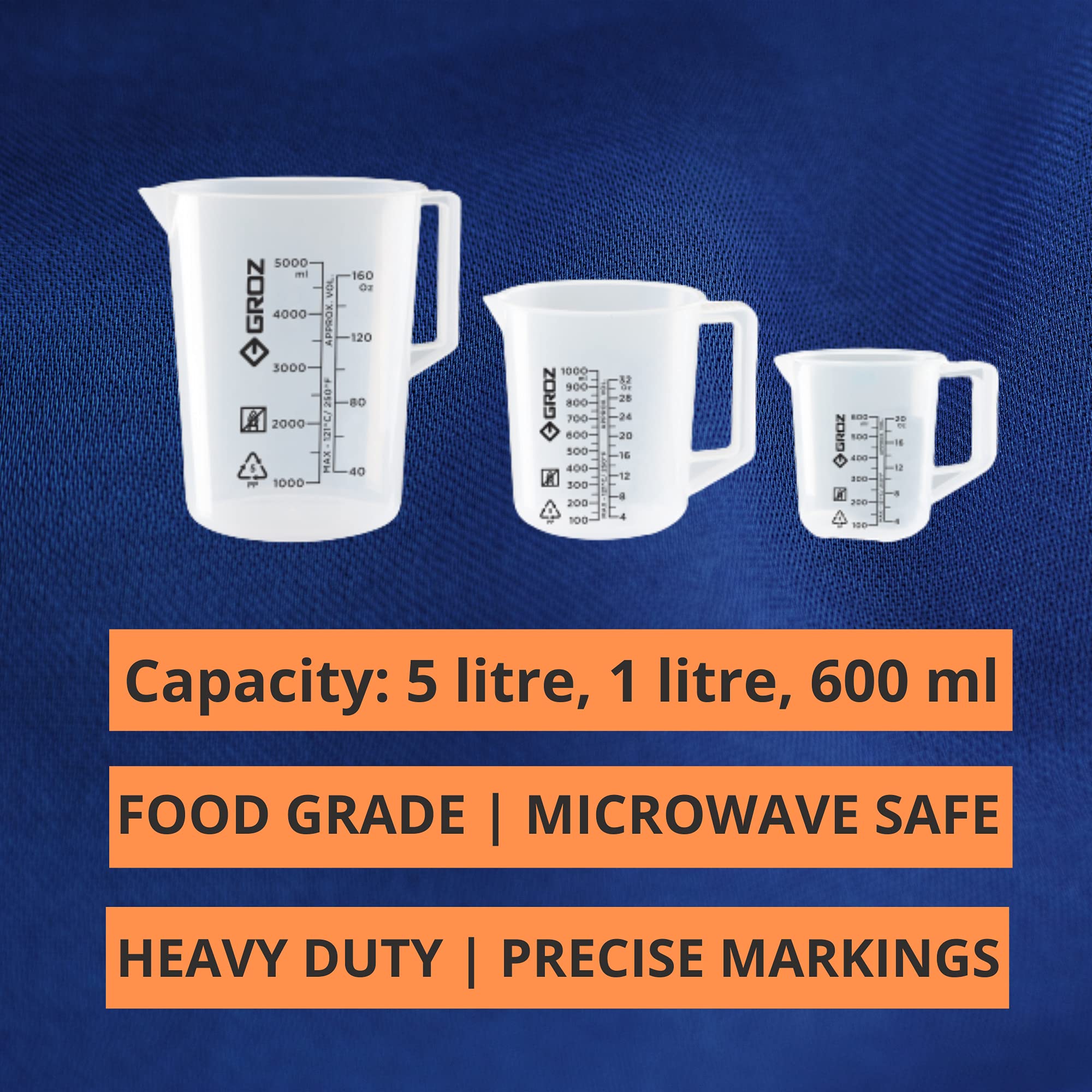 GROZ Heavy Duty Measuring Jug Set of 3 (5L,1L, 600ml) | Food Grade Polymer Body |Home, Industrial & Automotive Use | Precise Millilitre & Ounces Marking |Microwave Safe| JUG/5-1-600 1