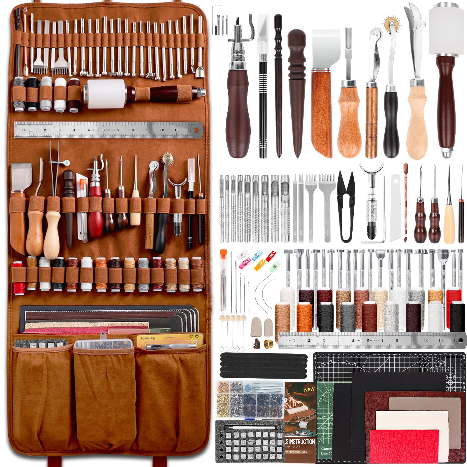 ZAMQIU Lederarbeitsset, 155-teiliges Leder-Werkzeugset mit Schnitzen, Stempeln, Nähen, Stanzen, Schneiden, Lederbearbeitungswerkzeug-Set für Anfänger, DIY Handwerk Starterset für Brieftasche, Gürtel