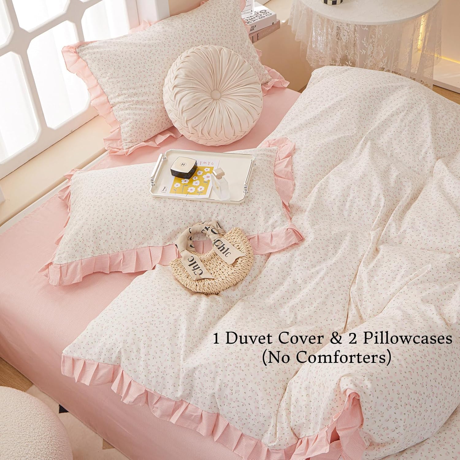 Princess Twin XL Duvet Cover Pink Floral 100% Cotton with Ruffle, Coquette Bedding, Teen Girls Romantic Comforter Cover with Zipper Closure, 3 Pcs Floral Aesthetic Bedding Sets 68"x90"