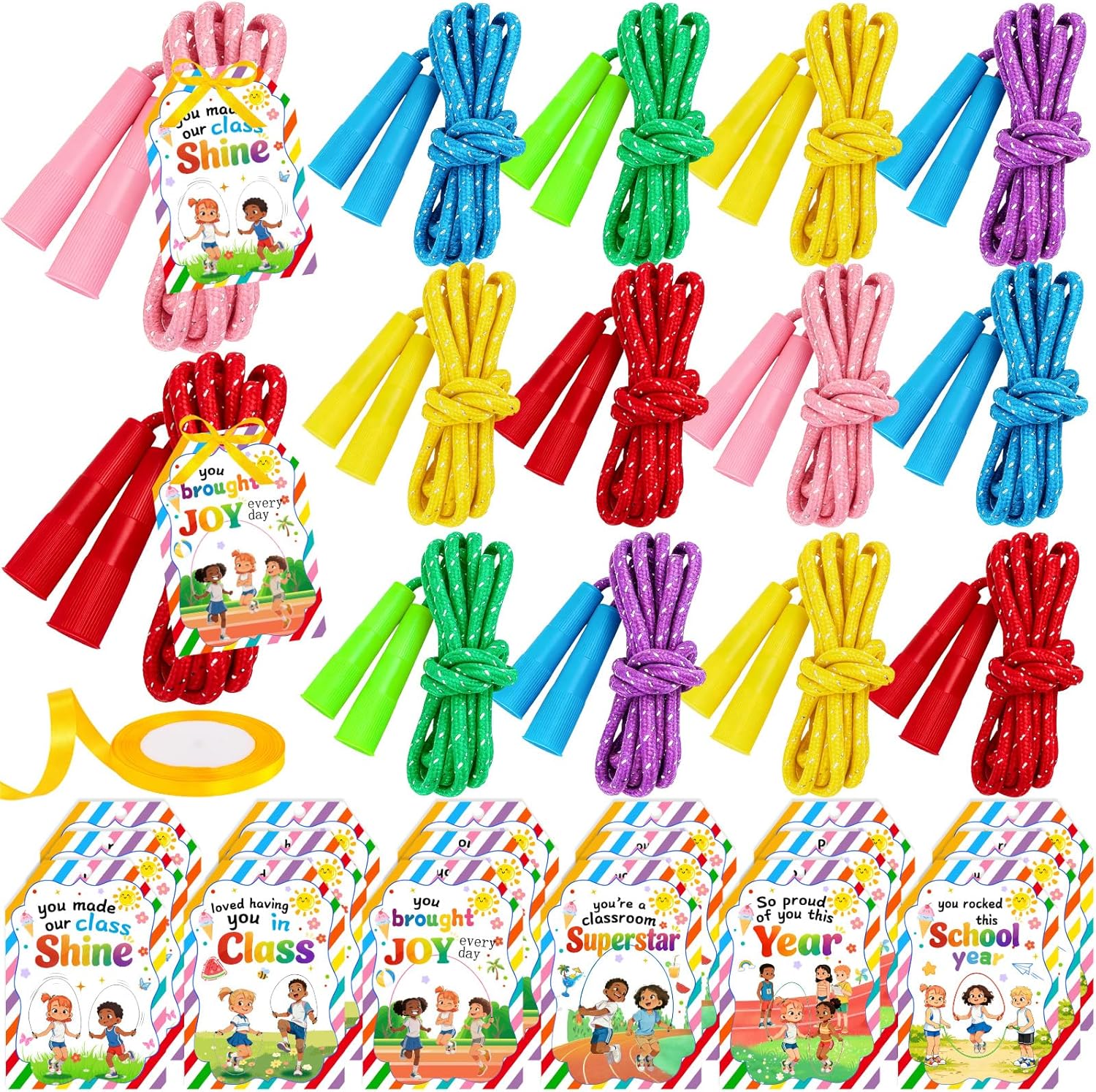 24 Pack End of School Year Student Gifts from Teacher - 7.2ft Adjustable Rainbow Jump Rope Bulk with Cards&Ribbon, Graduation Skipping Ropes for Kids，Classroom Prizes & Outdoor Party Favors