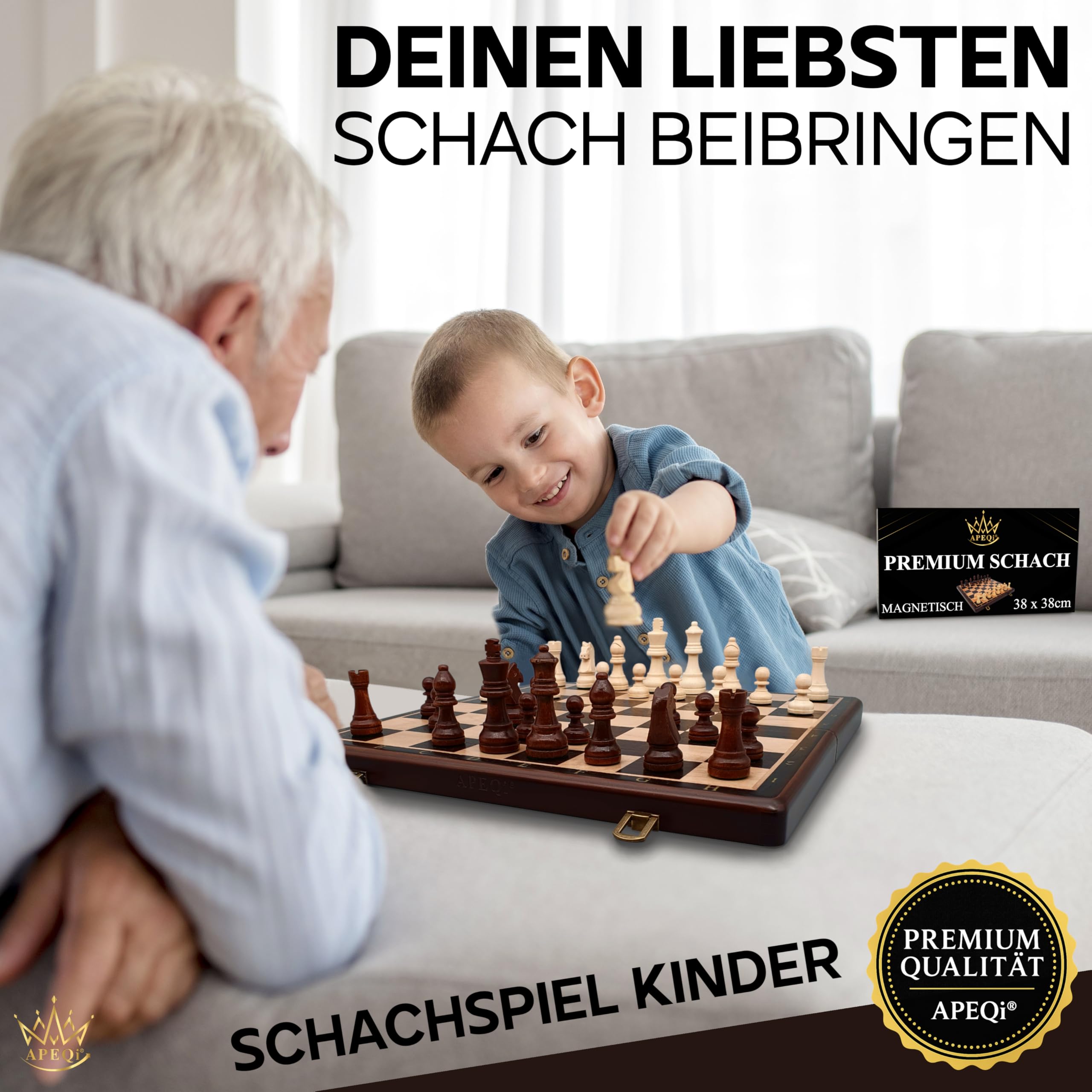 APEQi® Premium Schach MAGNETISCH - Schachspiel Holz HOCHWERTIG - [38x38cm], Massivholz, 2 EXTRA-Damen, Geschenkidee - Schachbrett Holz hochwertig - Chess Board 34 Schachfiguren Reiseschach magnetisch