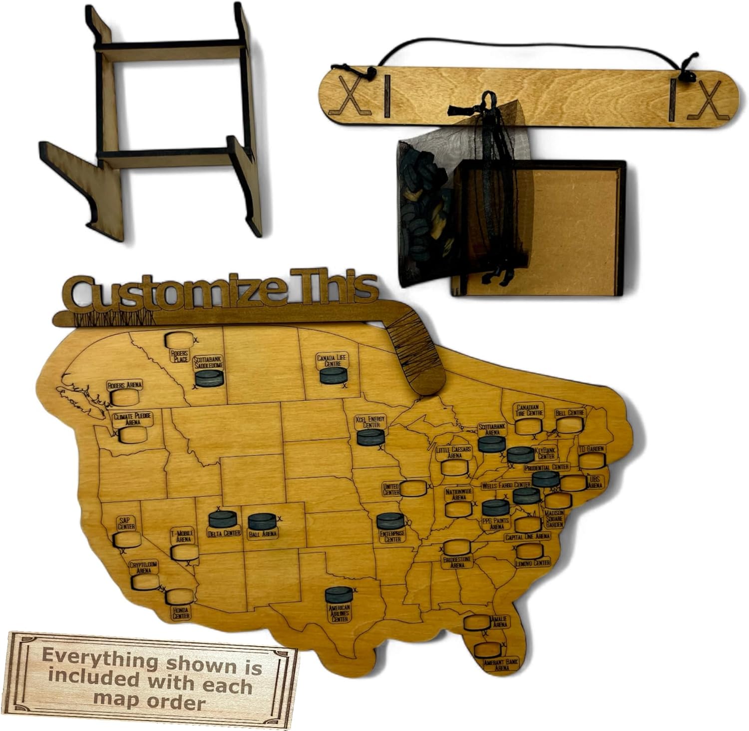 Hockey Stadium Tracker: Handcrafted Travel Map with Stadium Hockey Puck Pieces (Light Brown, Hockey Arenas)