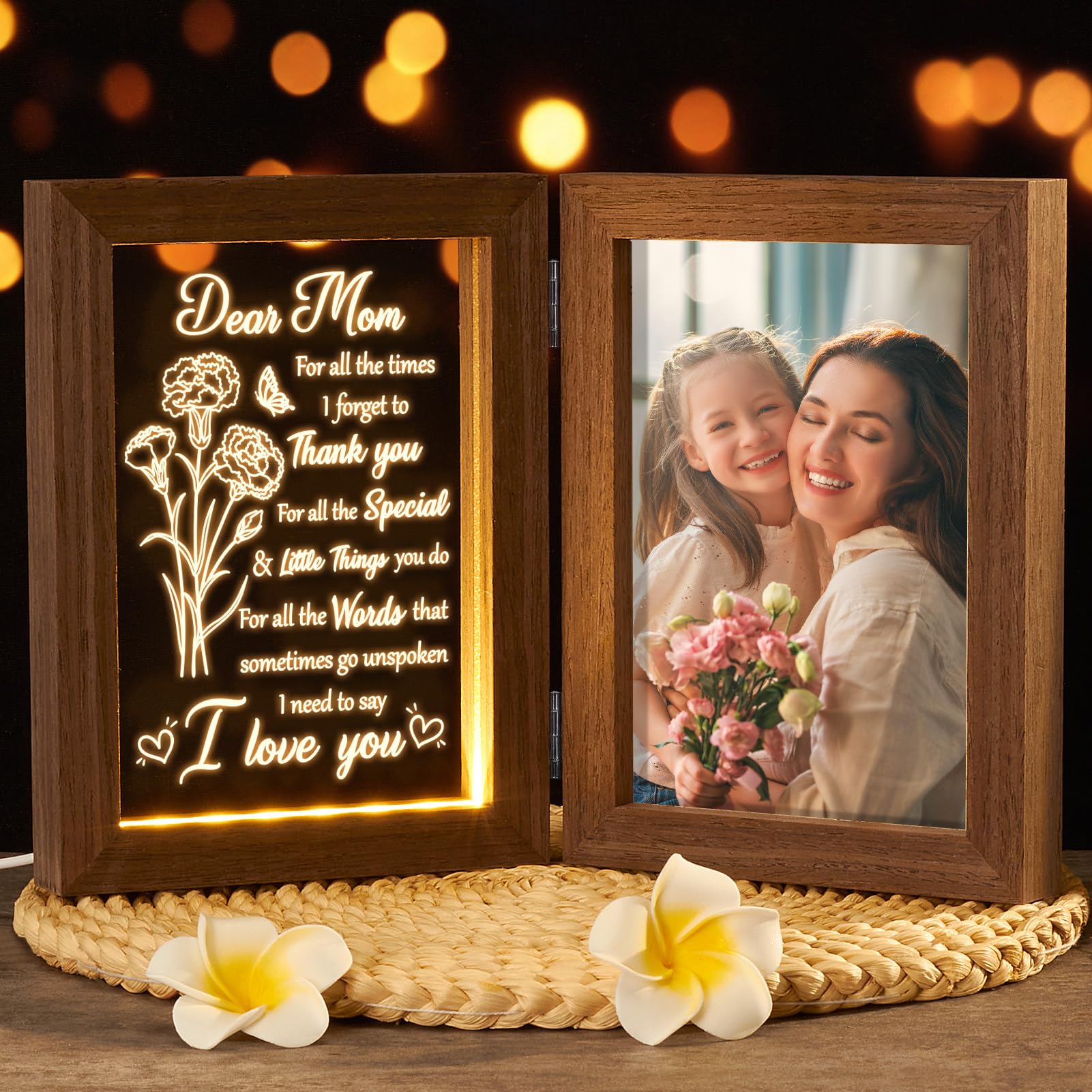 Mom Gifts from Daughters Son Unique Mothers Day Gifts for Mom, Engraved Night Light with 5x7 Picture Frame Solid Wood, Mom Picture Frame for Best Mom New Mom Step Mom Bonus Mom Mother's Day Gifts