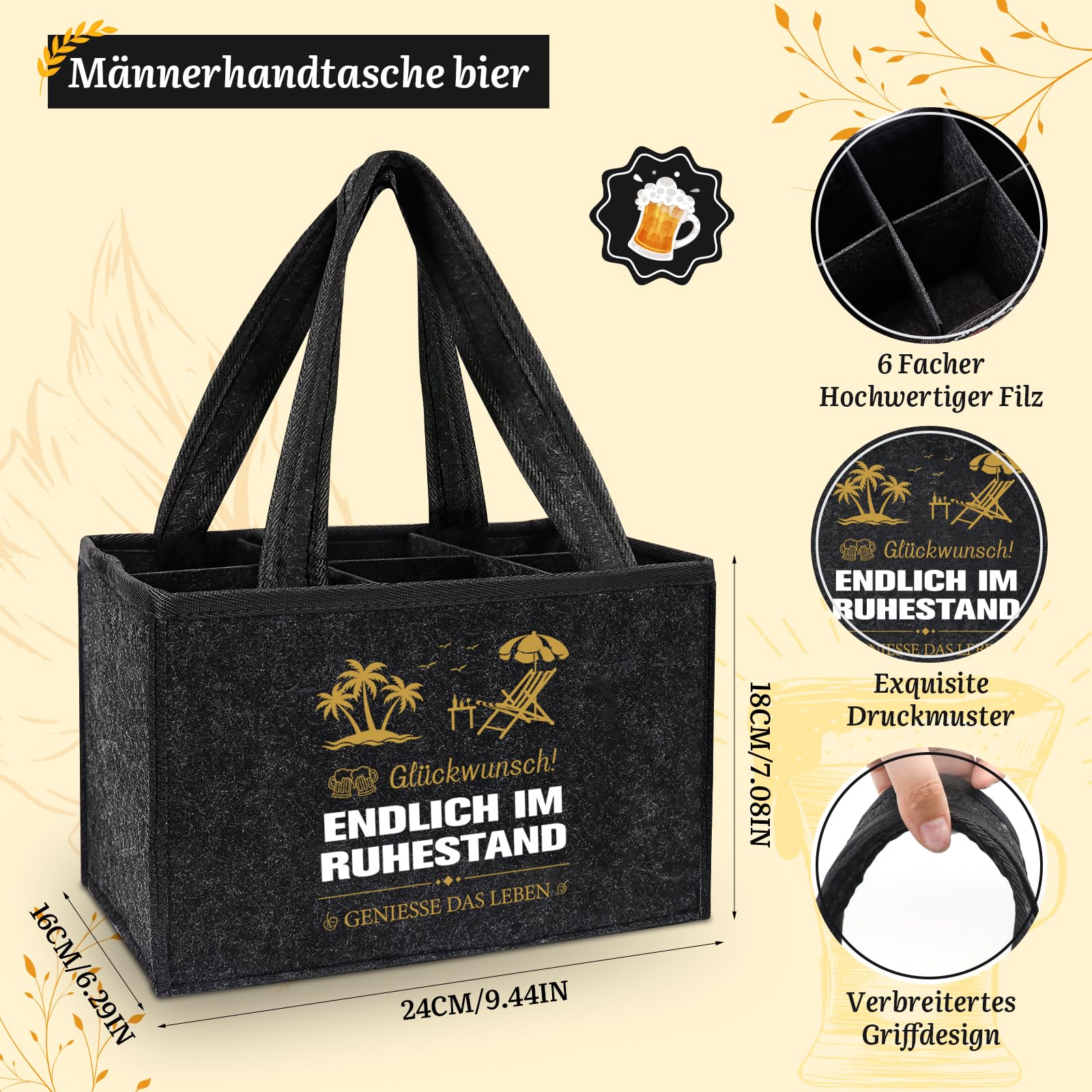 Shining She Renteneintritt Geschenk Männer Männerhandtasche Bier, Filz Flaschentasche 6 Flaschen mit Flaschenöffner Eiszange Bier Socken Grußkarten, Rente Geschenk Mann für Kollegen Freund Opa