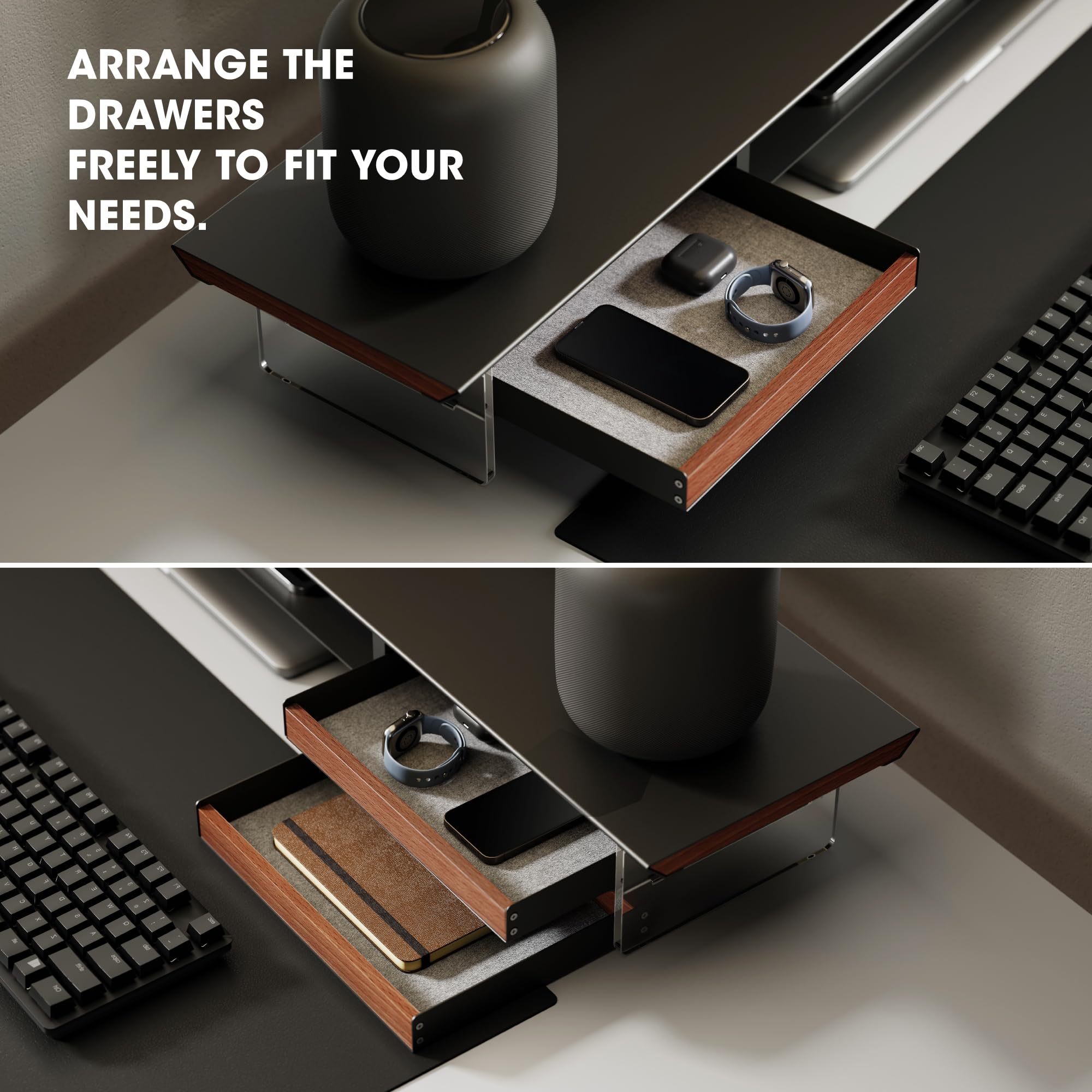 Fenge Supporto Monitor Scrivania Acrilico, 108 x 23 x 12,9 cm, Rialzo 2 Monitor 27 Pollici e 35kg, con Cassetti in Legno Massello, Organizer, Porta PC per Computer, Laptop, Stampante TV (Nero)