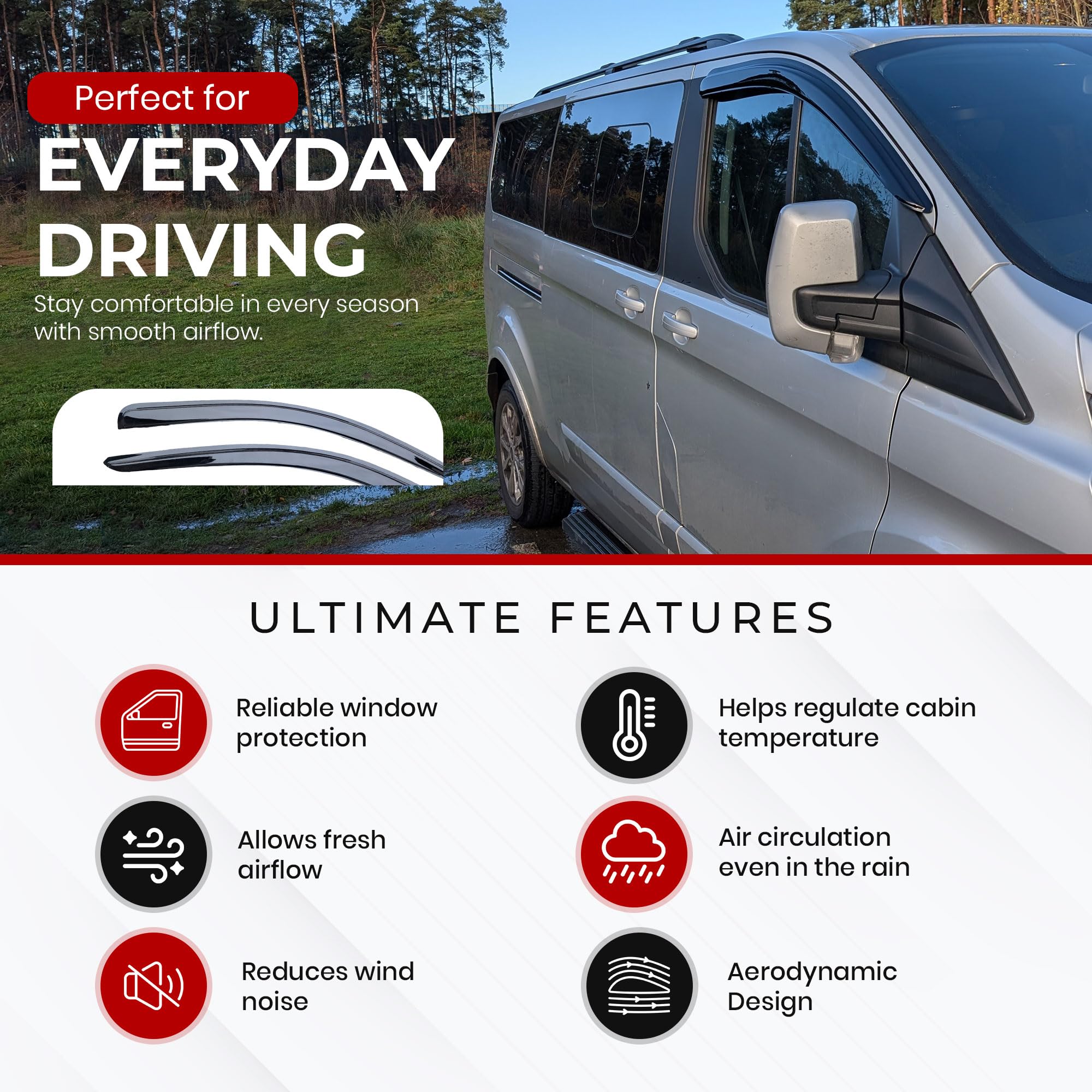 Para adaptarse a: deflectores de viento para Ford Transit Custom 2013 a 2023 – Juego de 2 piezas de ajuste externo, tintados, deflectores adhesivos de alta calidad para conductor y pasajero, reducen