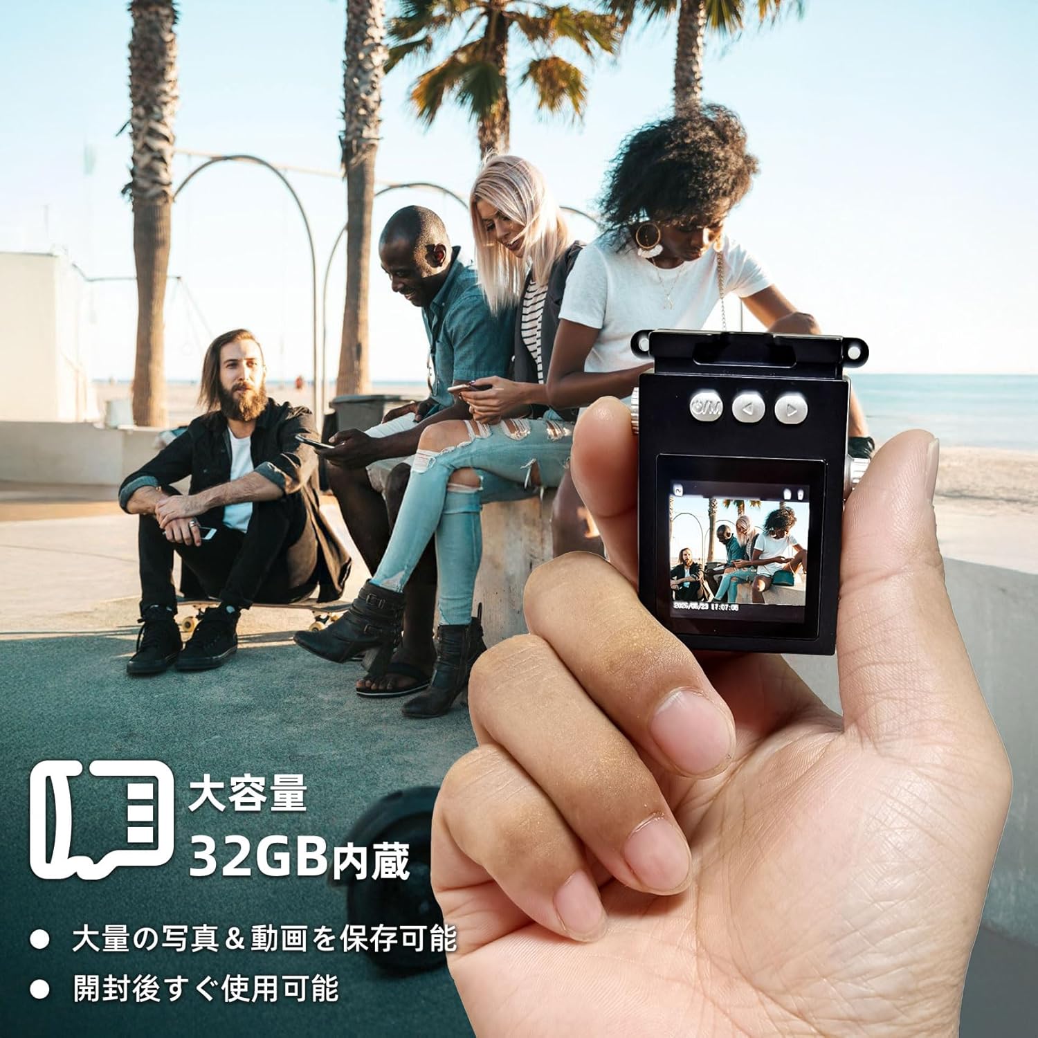 Hand holding the Sheawasy Mini Retro Digital Camera with a 32GB memory card icon, indicating large capacity storage.
