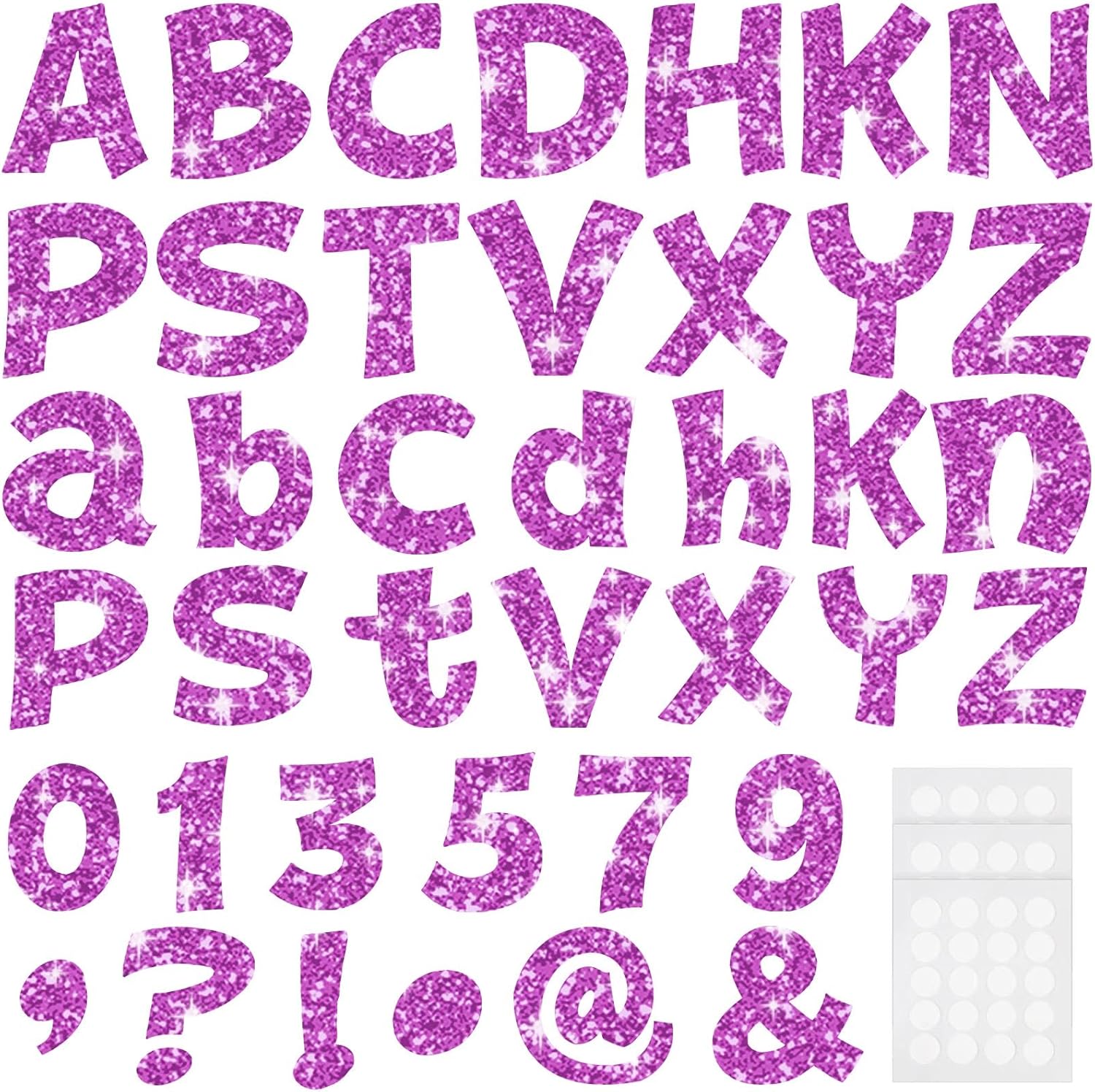 Colarr 216 Pcs Glitter Bulletin Board Letters for Classroom Number Alphabet Punctuation Symbol Cutout 4'' Die-Cut Poster Letter with Adhesive Dot School Party Holiday Decor Display(Purple Pink)