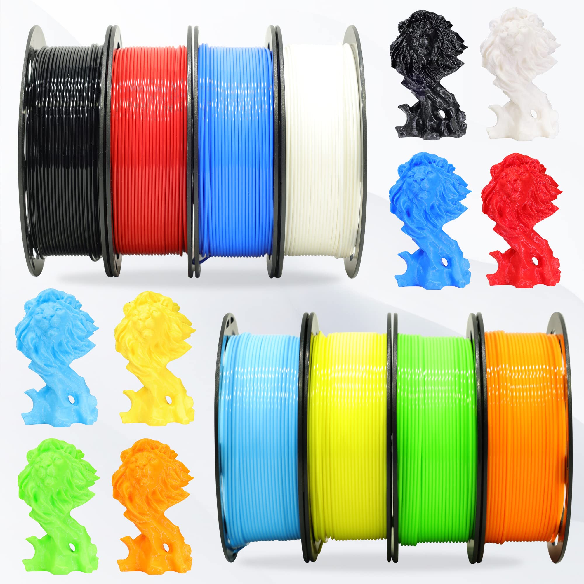 1.75mm 8 Spools Popular Colors 3D Printer PLA Filament Bundle Pack: Black White Red Blue Yellow Orange Limegreen SkyBlue, Each Spool 250g, Widely Compatible, Total 2Kg 3D Printing Filament