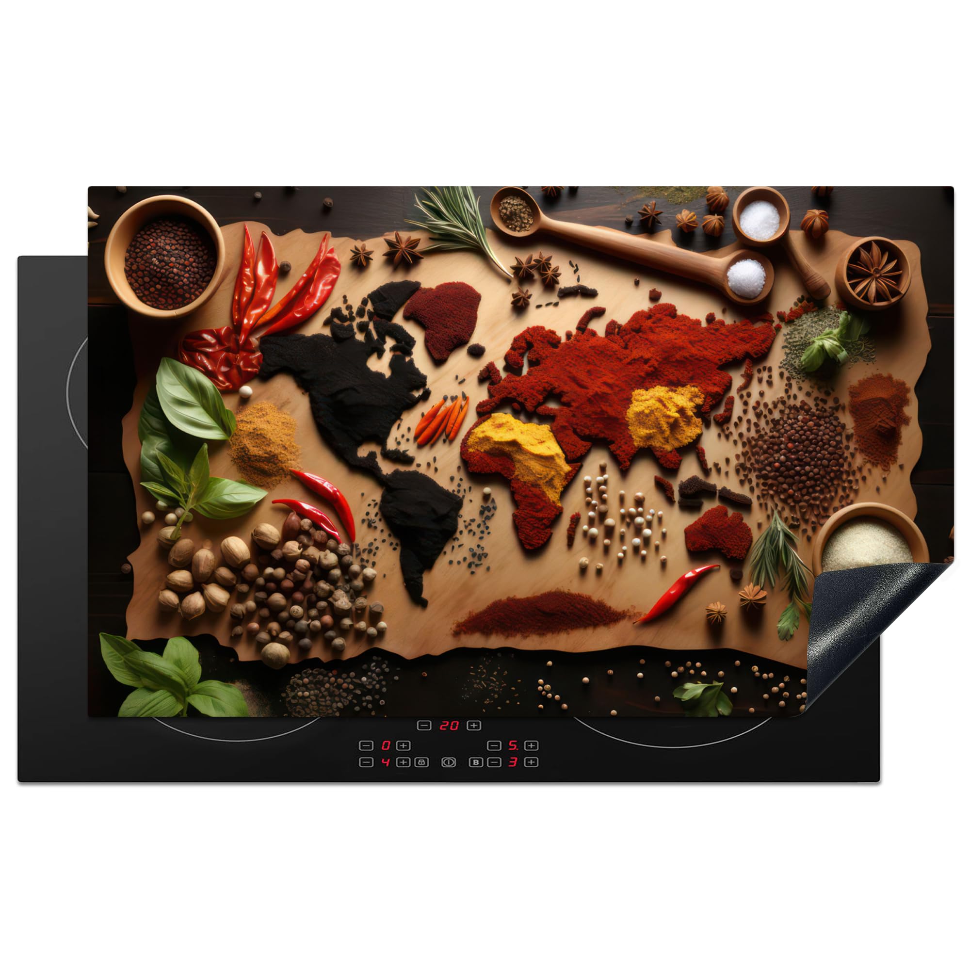 KitchenYeah© Induction Hob Protector Mat 20.3"x32.7" / 83x51.5 cm Stove Cap Top Cover Kitchen Cooker Covers for Electric Hobs Vinyl Herbs - Spices - World Map - Brown - Spoon - Colourful — image 1