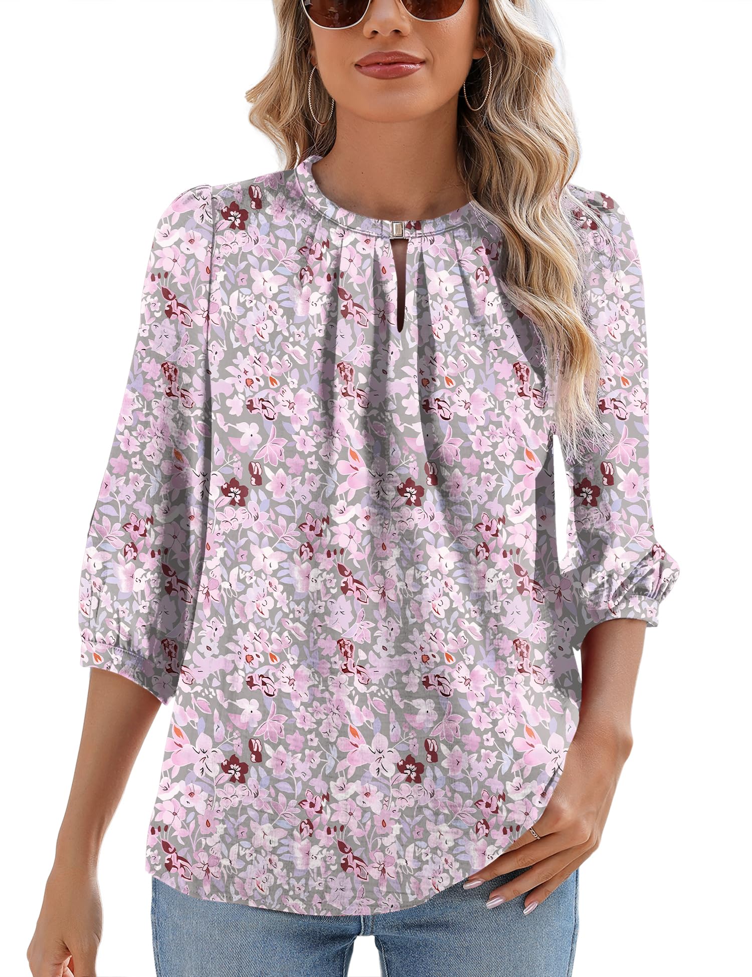 Rapbin Keyhole V Neck Puff 3/4 Length Sleeve Womens Tops Dressy Casual Chiffon Work Blouses Pleated T-Shirts Loose Fit S-XXL