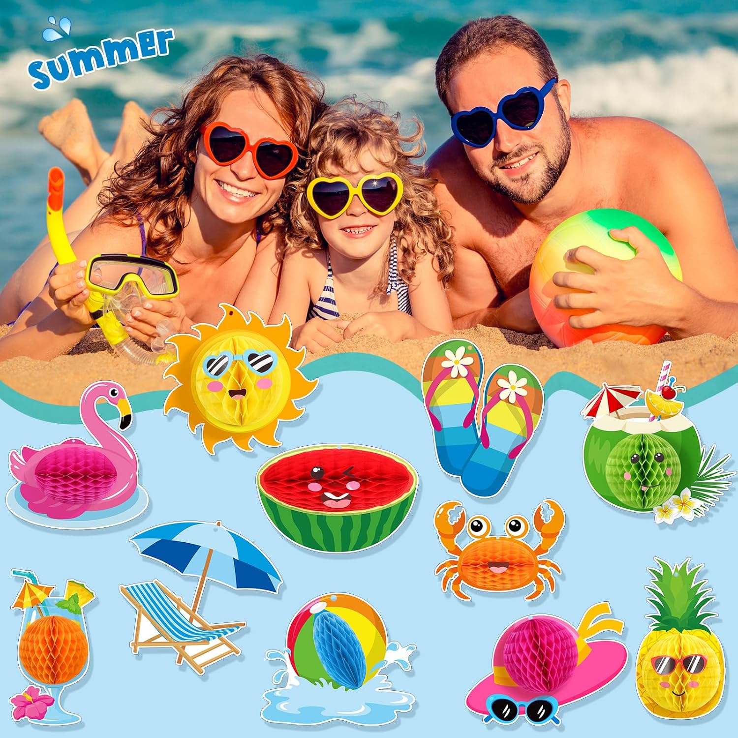 Fullhawl 11 Pcs Summer Beach Party Hanging Decorations School's Out for Summer Ceiling Hanging Decor with 3D Honeycomb Ball End of School Year Pool Party Ornaments for Luau Hawaii Grad Beach Vacation