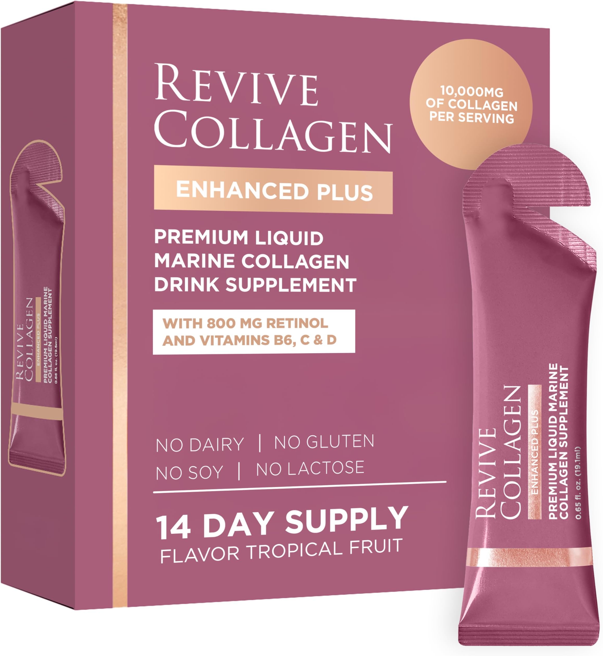 Enhanced Plus Premium Liquid Marine Collagen Drink Supplement – 22 Fluid Ounces, Tropical Flavor, 10,000mg of Collagen per Shot, 14 Servings, Liquid Collagen for Women and Men