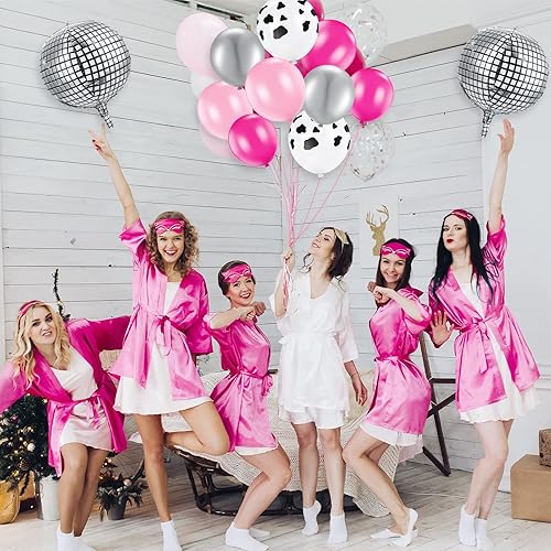 Miniatura 5 de Hydren 95 piezas de decoraciones de fiesta de discoteca occidental para mujer, color rosa intenso, rosa, rojo, plata, arco de globos de vaquera,