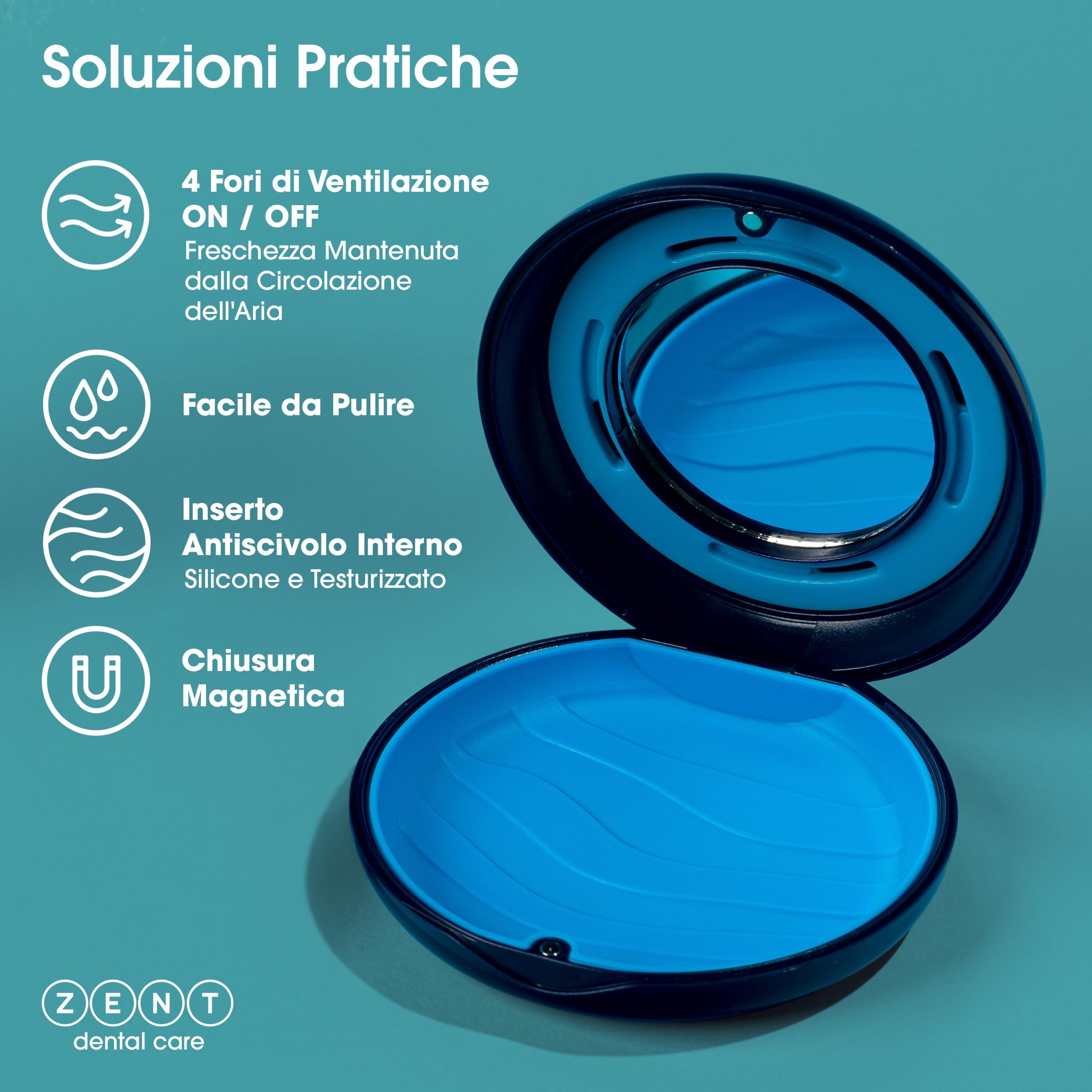 ZENT Custodia per Apparecchio Dentale, Dentiera, Porta Bite Dentale, Scatola per parentesi graffe, Porta Allineatore e Bite, Scatola Ortodontiche, Per Protesi Dentale, Con ventilazione e specchio, Blu