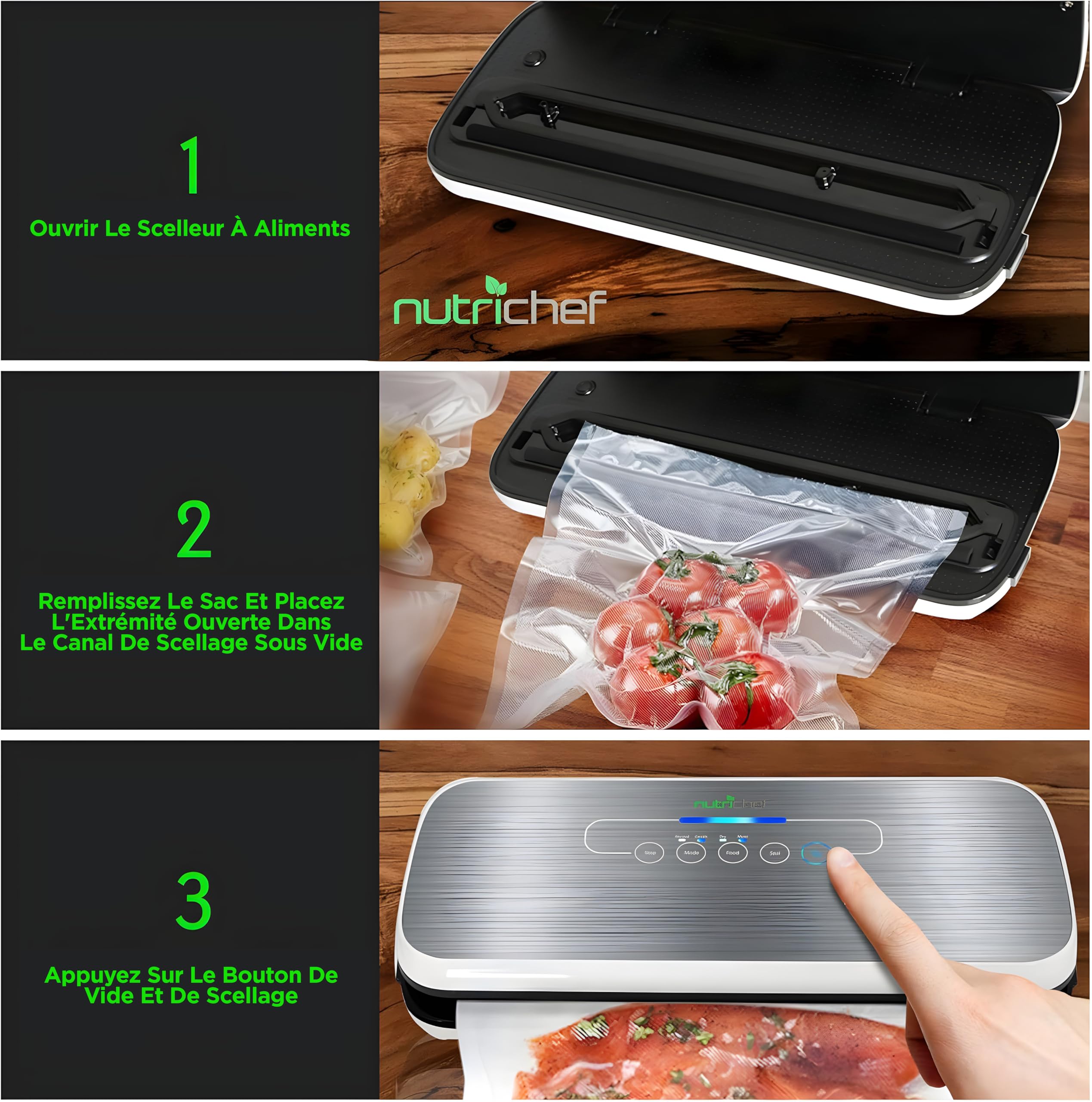 NutriChef Machine à Sceller Sous Vide - Système de Scellage Automatique pour Aliments Secs et Humides, Commandes Tactiles LED, Inclut des Sacs de Vide, un Tuyau et un Bouchon - Argenté