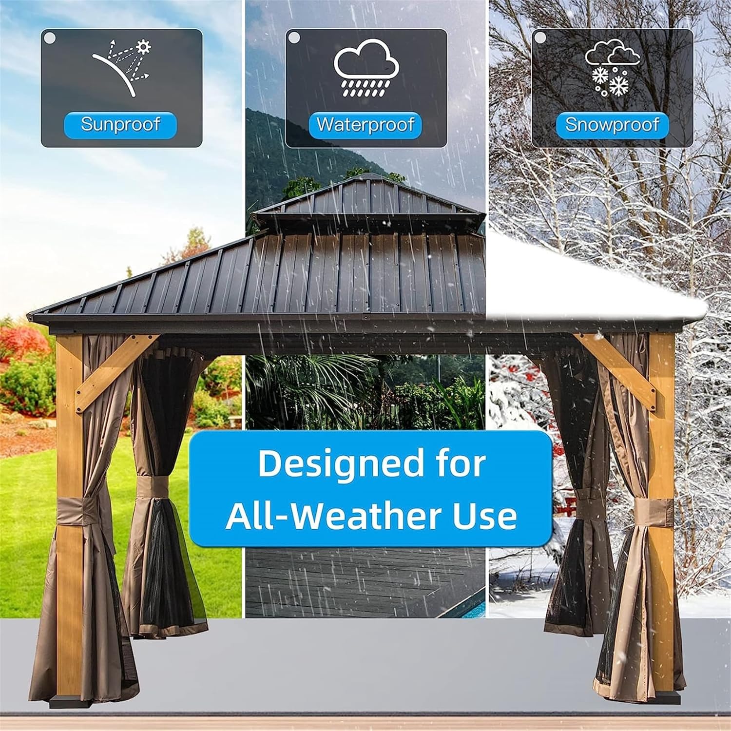 Image depicting the gazebo designed for all-weather use, showing sunproof, waterproof, and snowproof capabilities.
