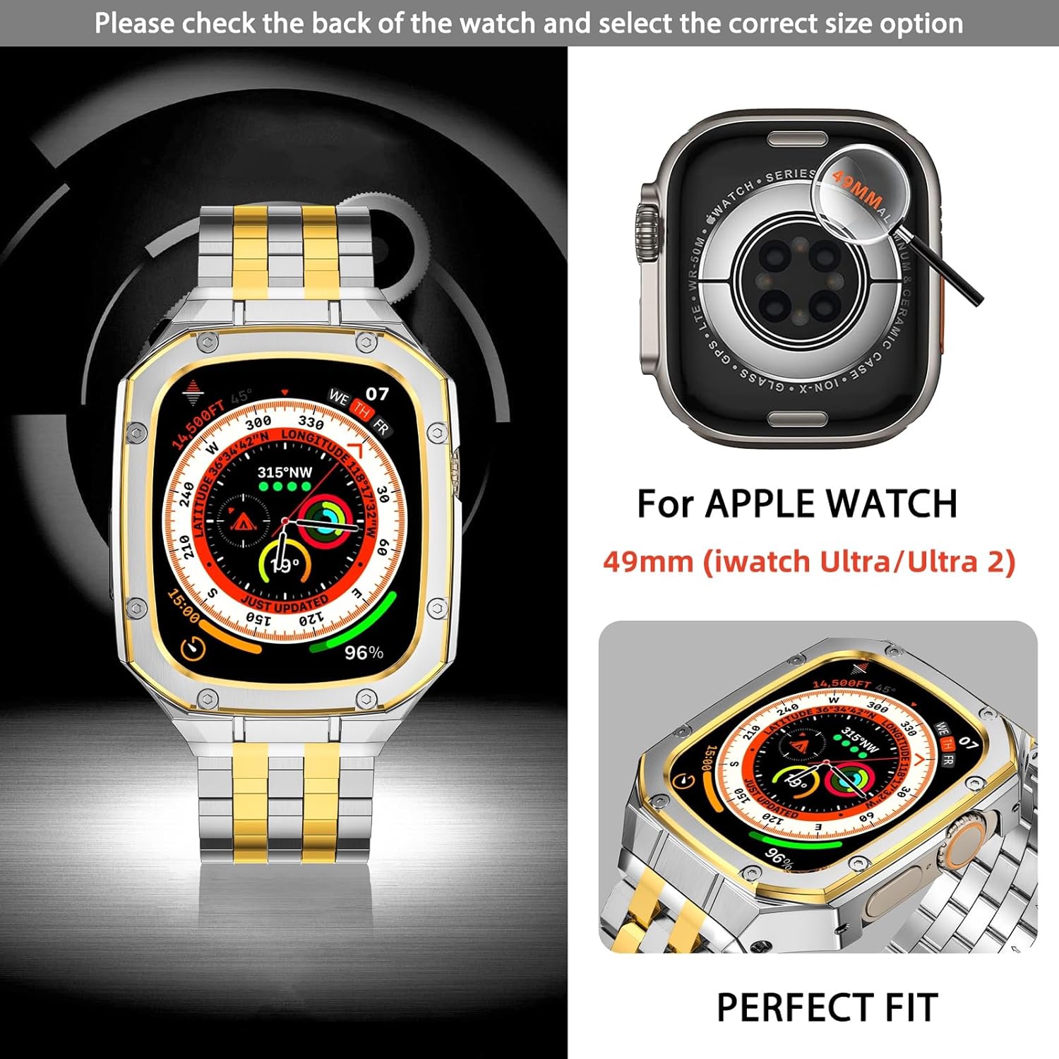 MioHHR Stainless Steel Watch Case with Bands Compatible with Apple Watch Band 49mm(Ultra 3/2/1), Metal Cover Bumper with iWatch Bands for Apple Watch 49mm Ultra 3/2/1, Silver/Gold - Image 4