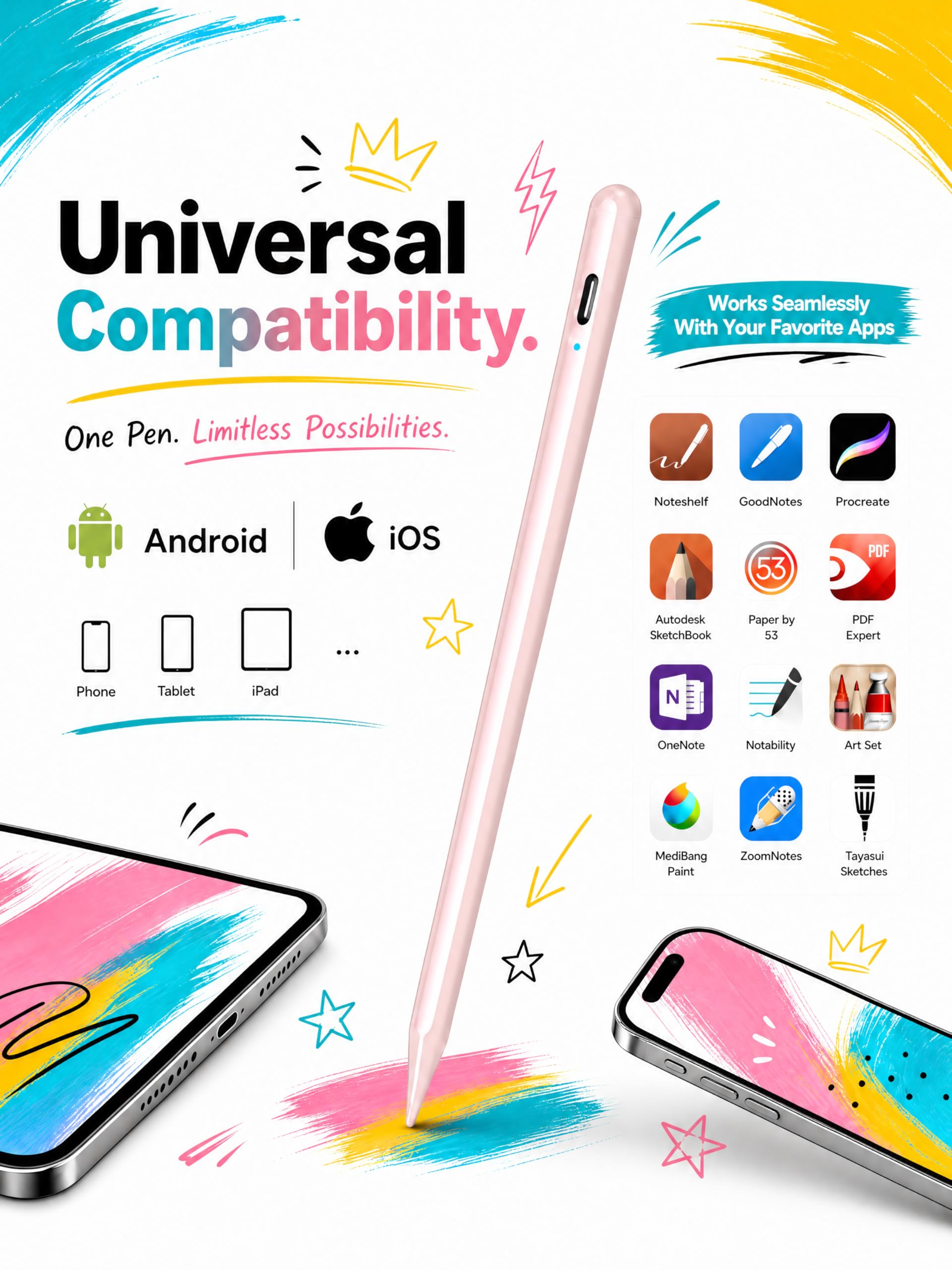 Lápiz Táctil Universal Con Rechazo De Palma – Punta 1.5mm, Batería 8h, Carga USB-C, Magnético