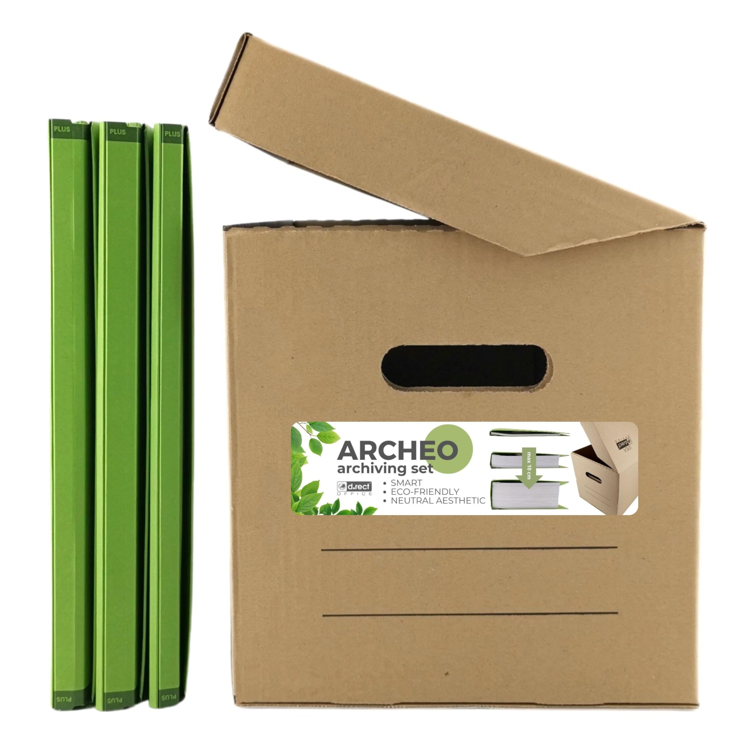 D.RECT ARCHEO Archiving Set with Storage Box and 3 Pastel Zero Max Adjustable Binders Archive Box, Eco-Friendly Office & Home Organizer 250x340x260 mm Green