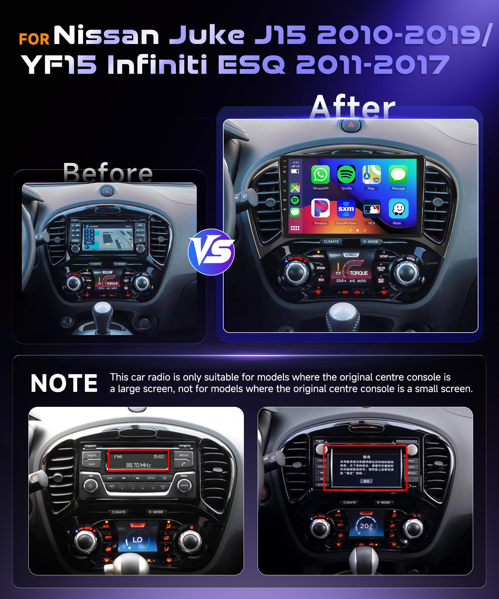4G 64G VECHTEL 9" Radio para Coche con Bluetooth para Nissan Juke J15 2010-2019/ YF15 Infiniti ESQ 2011-2017 Carplay Android Auto DSP EQ,WiFi GPS,Radio RDS/FM 2 DIN con cámara de visión Trasera AHD