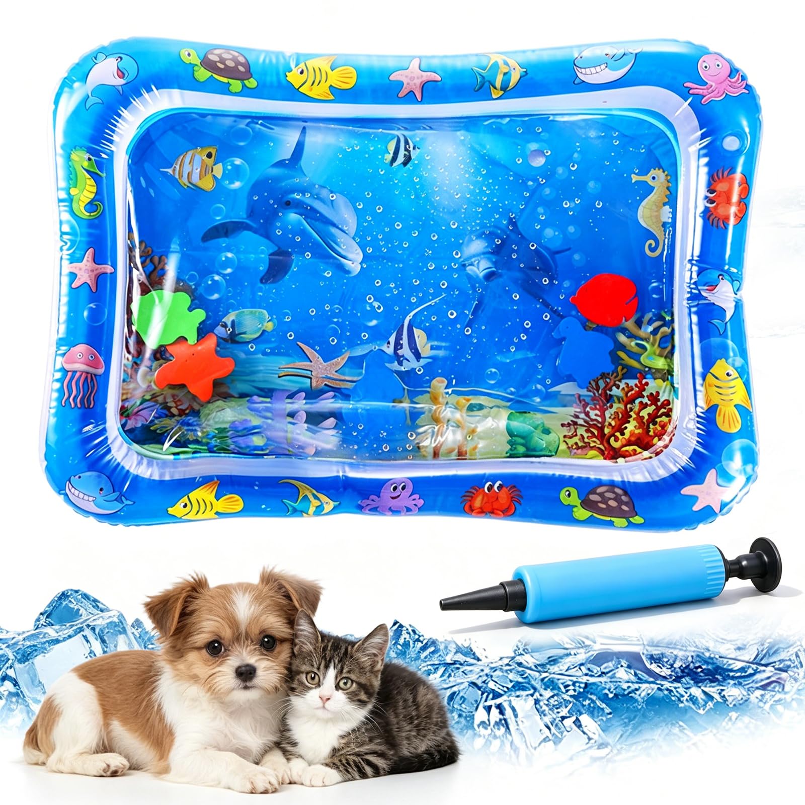 Pet Water Sensory Mat, 37.4" Large Cat Water Mat with Floating Fish, Interactive Cooling Mat for Cats & Dogs, Thickened Leak-Resistant Water Play Mat, Indoor Outdoor Pet Enrichment Toy (Square-6)