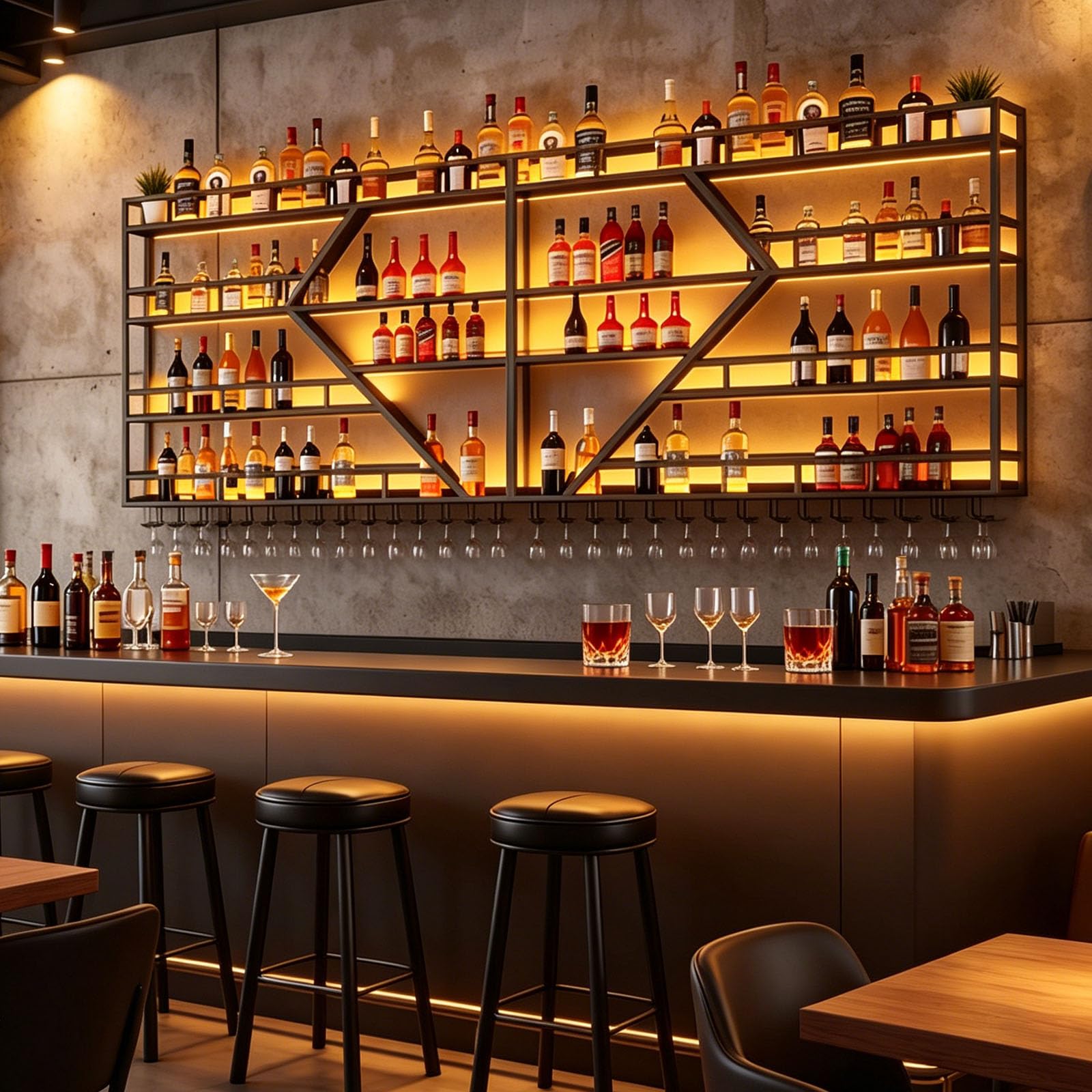 Weinregal zur Wandmontage mit Wein Glashalter, 3 Lagiger Großes Industriell Schwebende Wandmontage Weinflaschenhalter, Bar Multifunktionaler Weinpareite Display Rack (Schwarz, 4 Tier,200cm)
