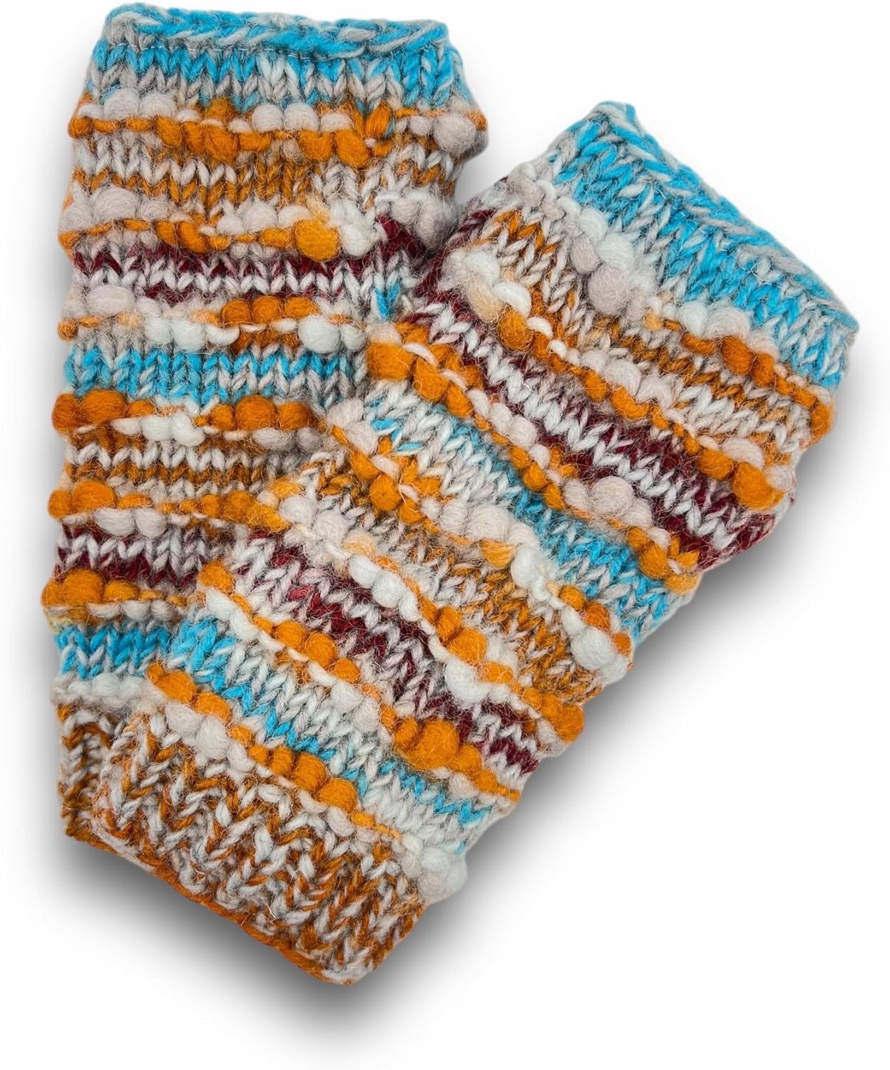 Hand Knit Winter Fingerless Striped Texting Gloves Warm Wool Fleece Lined