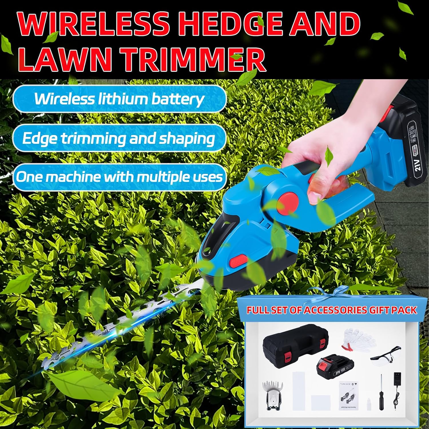 Jadeshay Cordless Electric Hedge Trimmer, 21V Lightweight Garden Shrub Grass Pruner with Long Blade & Safety Features