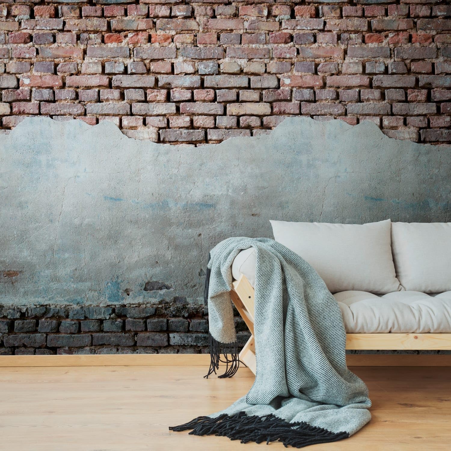 Papier peint panoramique effet pierre Profhome pour un salon style loft urbain