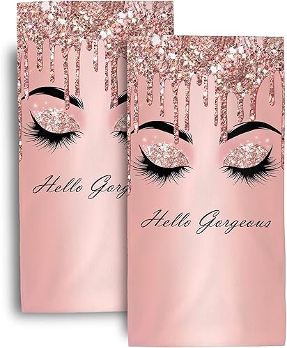 Hello Gorgeous Lashes - Juego de 2 toallas de mano decorativas de color rosa para baño, yoga, natación, hotel, spa, hogar, regalos decorativos de 14