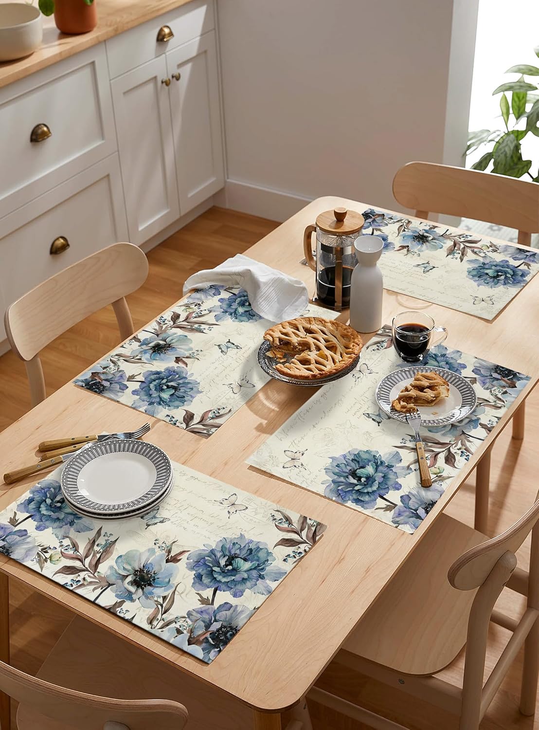 Spring Table Placemats Set of 6, Farmhouse Floral Place Mats Washable Placemat, 19x13 Inch Rectangle Blue Peonies Butterfly Country Dining Table Mats Rustic Place Mat for Kitchen, Party