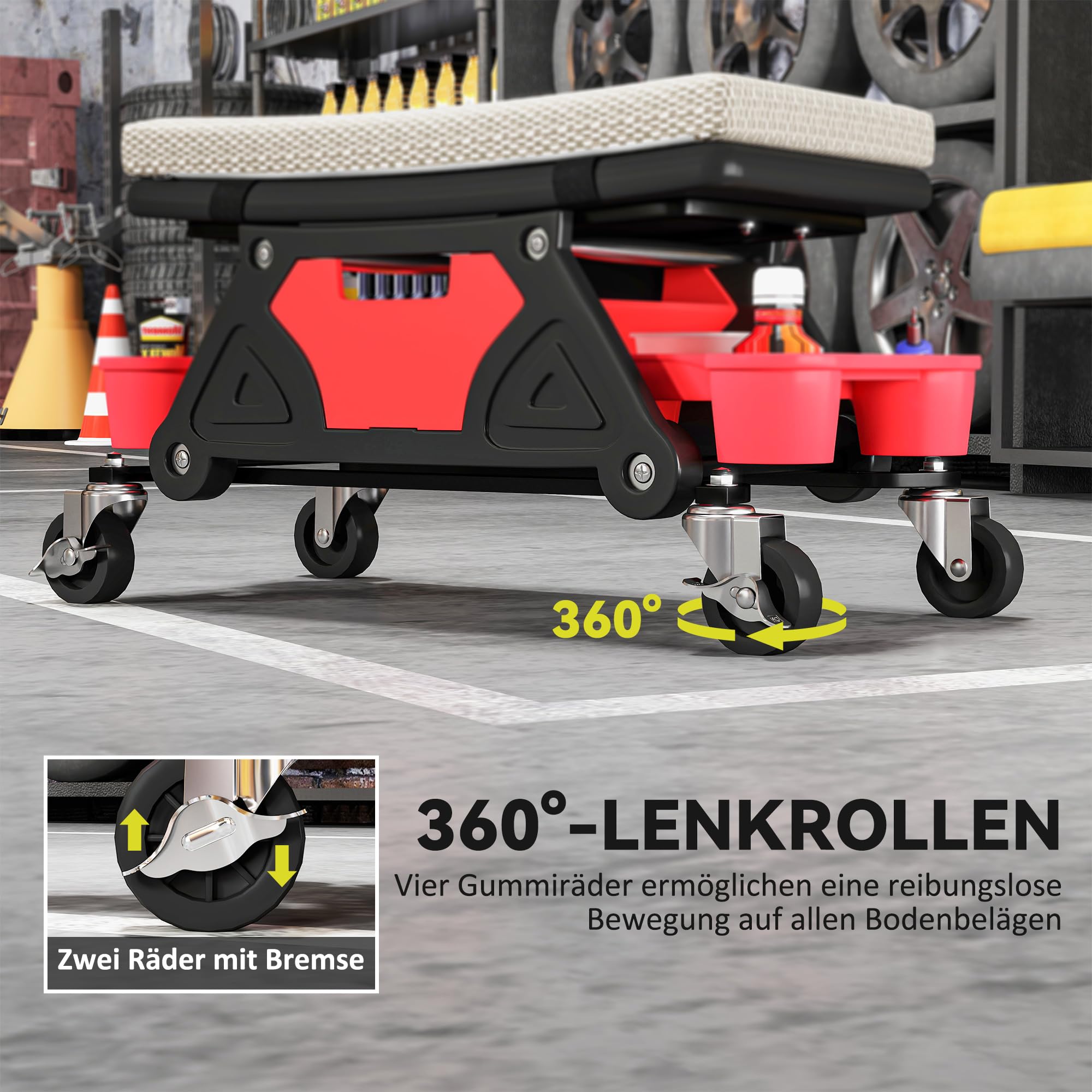 HOMCOM Werkstatthocker mit Rollen Ablagefläche Schublade 35cm hoch Rollhocker bis 135 kg belastbar Arbeitshocker Rollsitz Werkstattsitz für Werkstatt Grau