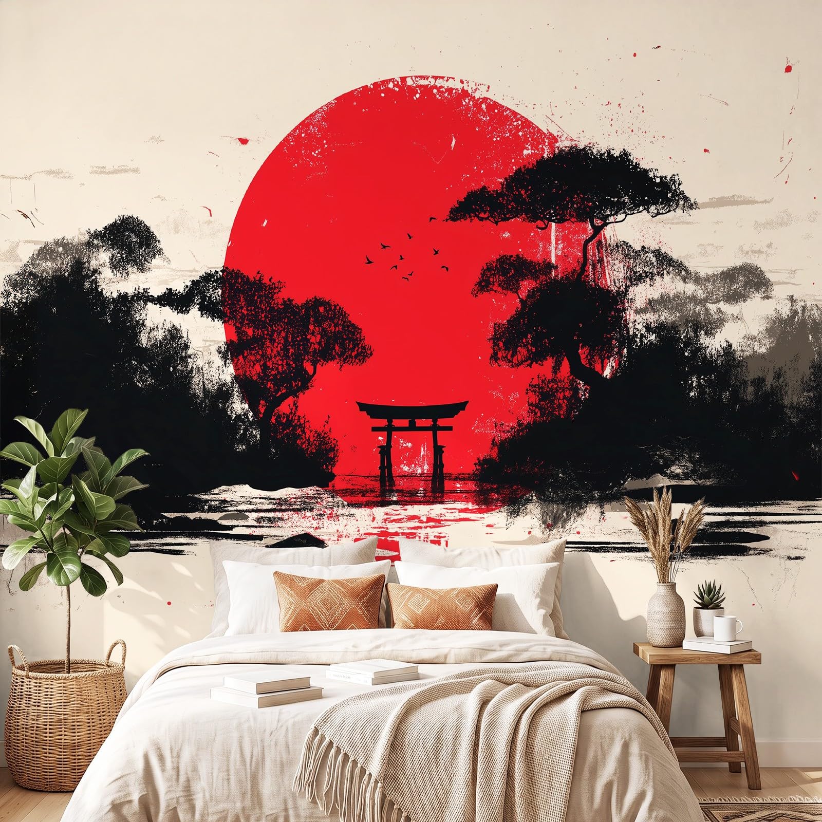 Carta da Parati Murale Panoramica Sole rosso Alberi Paesaggio montano Beige, Fotomurale in Tessuto Non Tessuto per Parete Camera Soggiorno Cameretta, Decorazione Murale 450 x 315 cm