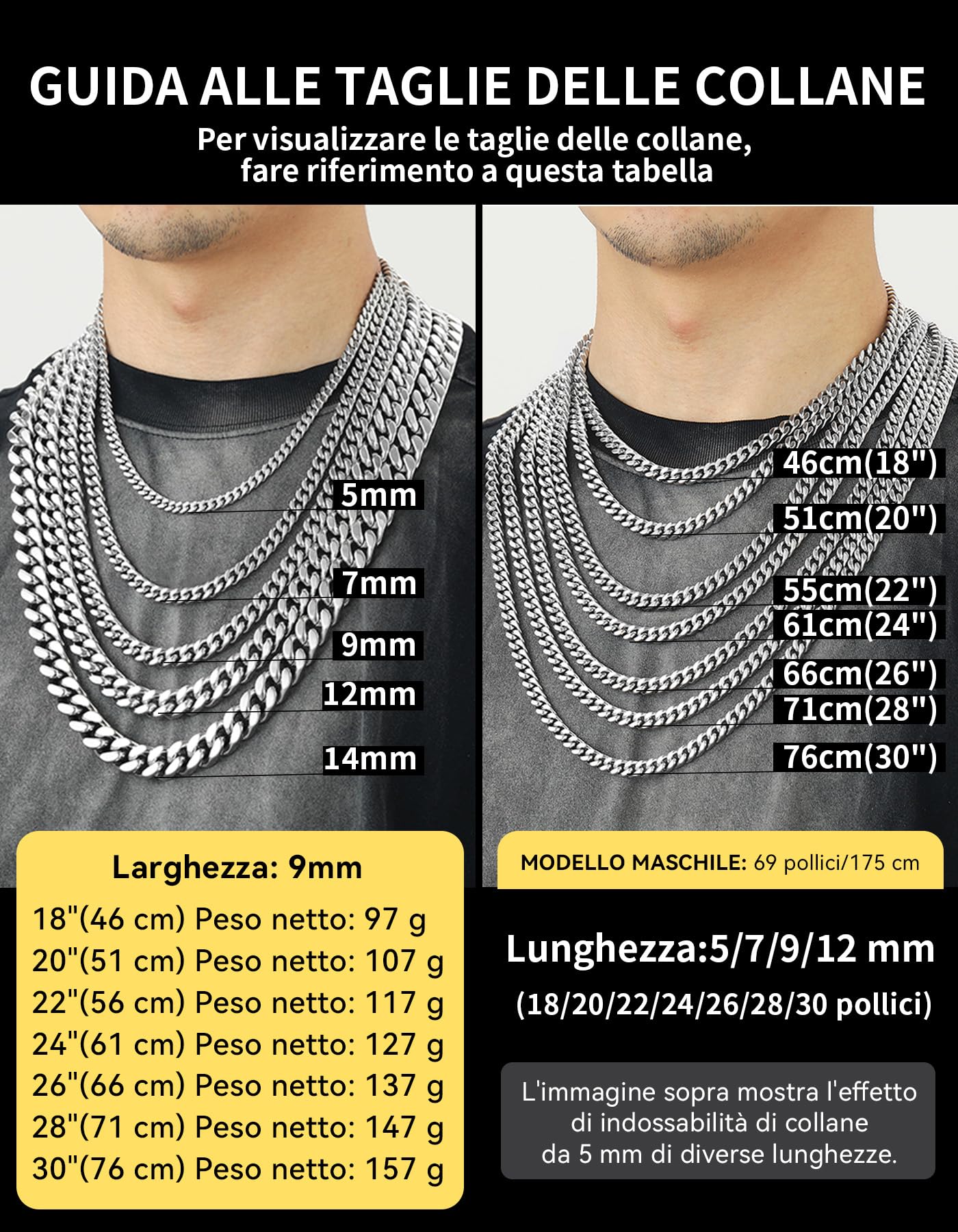 ChainsHouse Collana Uomo Acciaio a Catena Cubana Spessa Robusta, Larghezza 5/7/9/12 MM Lunghezza 46-76 CM, Placcato Oro/Nero/Argento Catenina Stile Hiphop Punk per Uomo Donna
