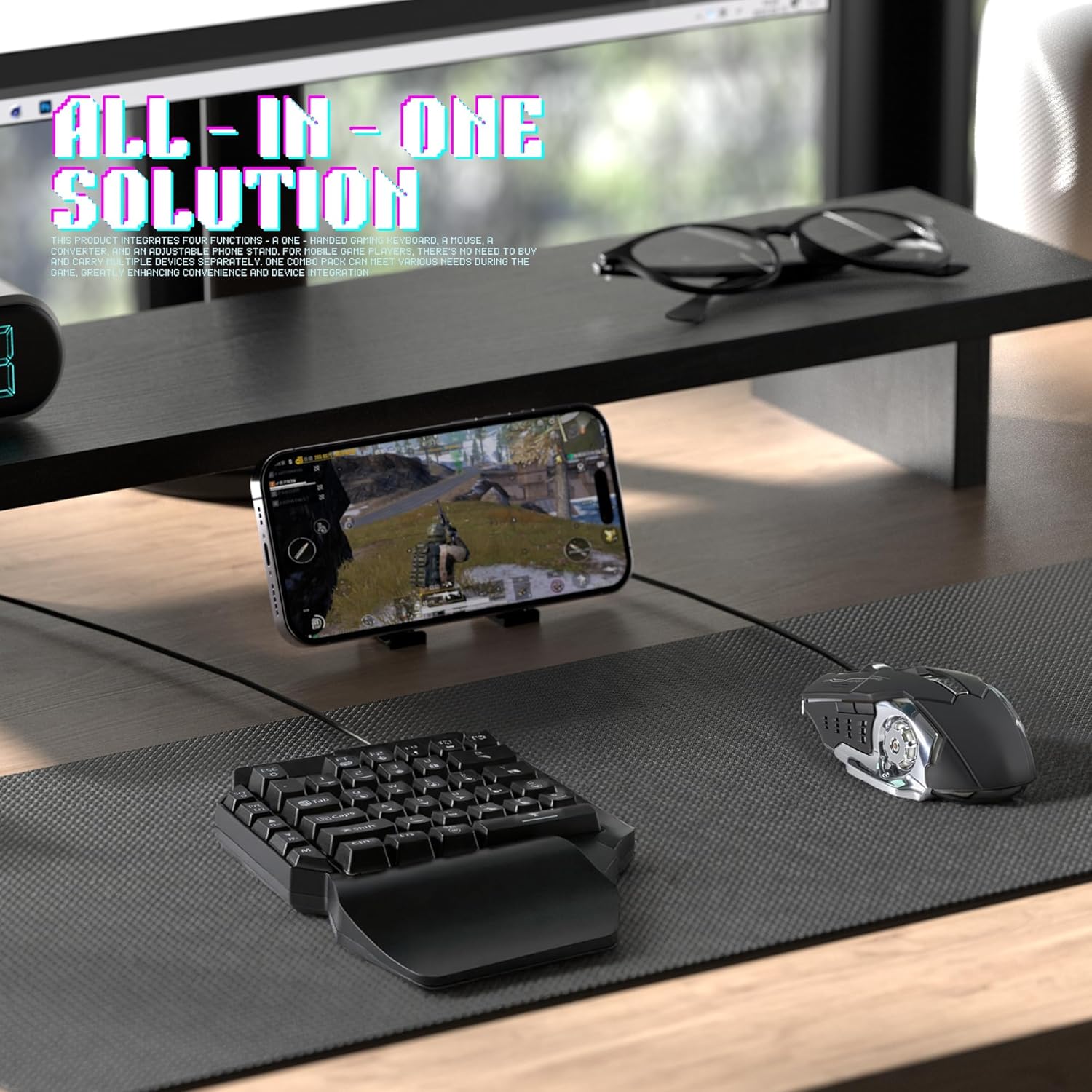 4 in 1 Mobile Game Combo Pack, One Handed Gaming Keyboard, Mouse, Converter & Adjustable Phone Stand, Half Keyboard for Mobile Phone Gaming, Fast Charging, No Latency